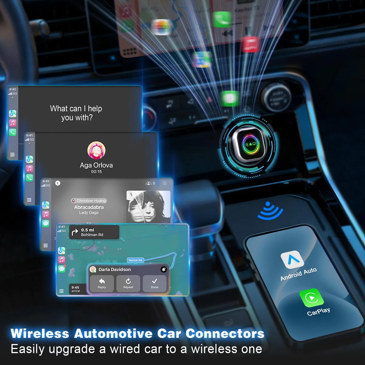 Adaptador Inalámbrico CarPlay y Android Auto, 3 en 1convierte con Cable a inalámbrico, Transmisión Inteligente de Pantalla, Plug & Play Compatible con iOS 10 10+/Android 11+ (Coches 2016+)