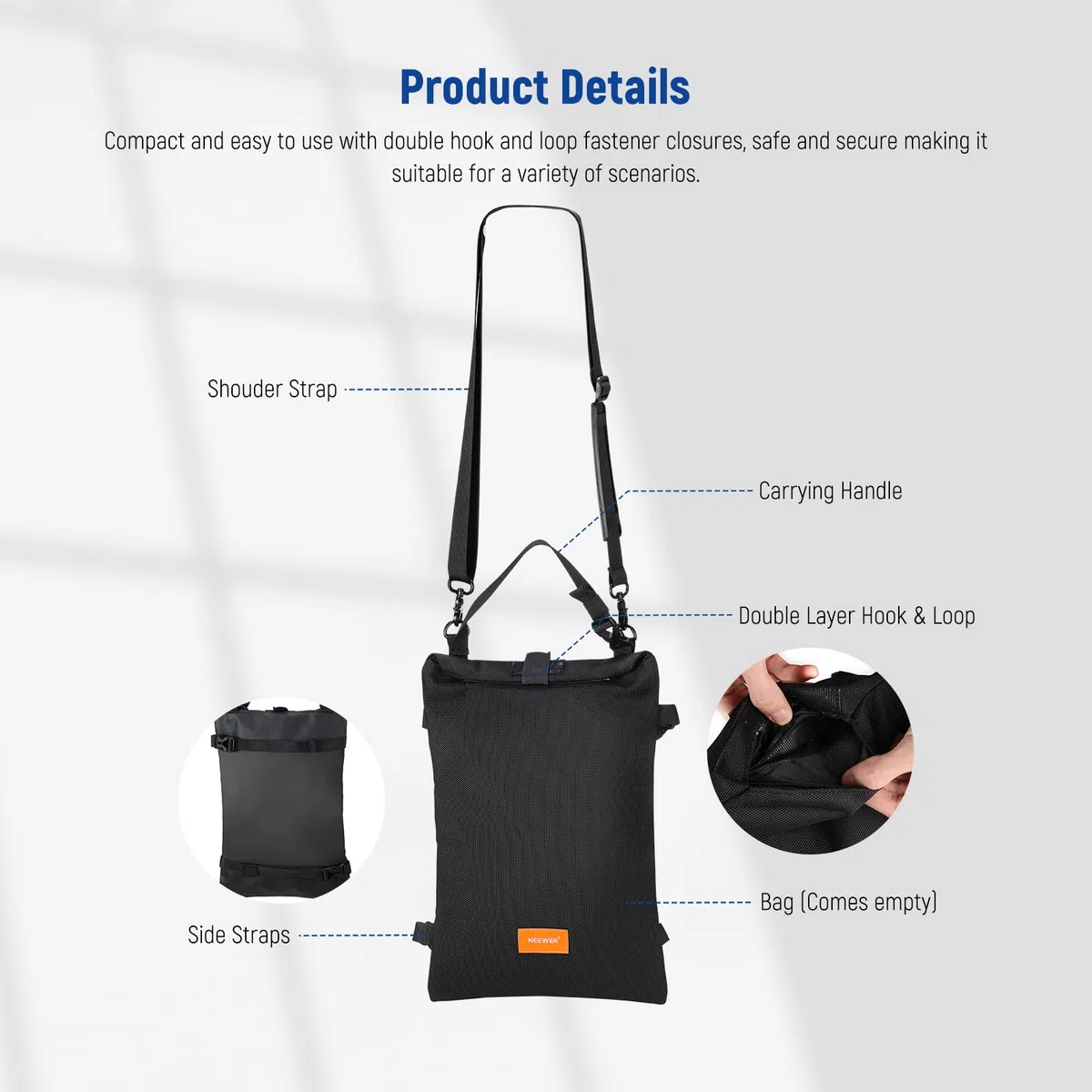 NEEWER Bolsa de Arena para Fotografía de Mano Plegable de 15,5" x 9,4", Correa para Hombro, Saco de Poliéster Resistente, Puf, para Soporte de Lente de Cámara y Soportes de Luz