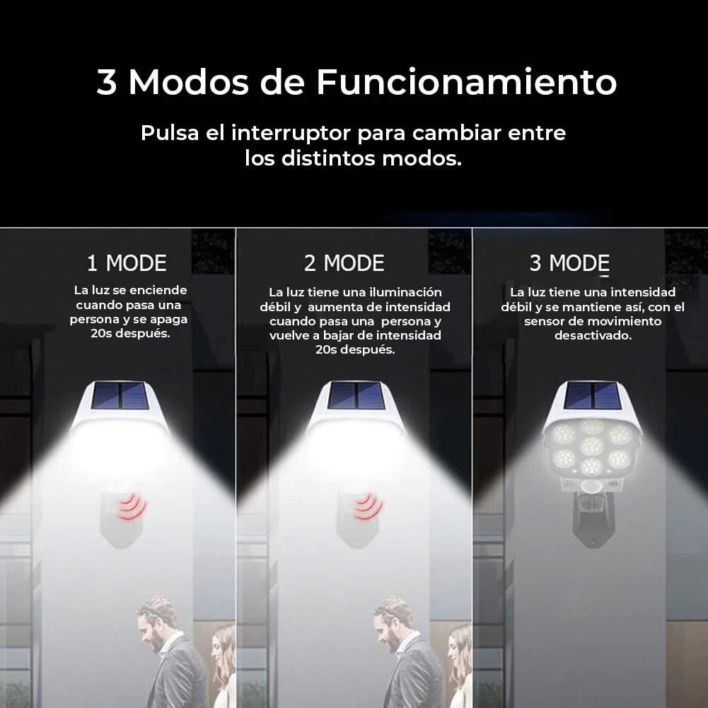 Cámara vigilancia falsa exterior - 80 luces LED - Sensor de Movimiento - Resistente al agua y polvo - Auto Recarga Solar