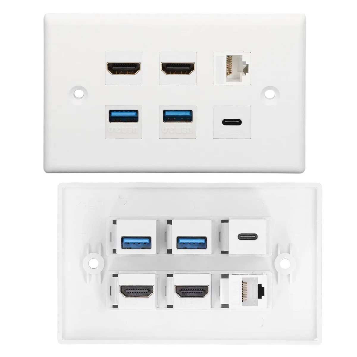 Placa de Pared Ethernet de 6 Puertos, 2 Conectores HDMI, 2 USB 3.0, 1 Tipo C, 1 Conector Ethernet Cat6 RJ45, Placas de Pared Compatibles con Cables Cat 5, Cat 5e, Cat 6 para TV,