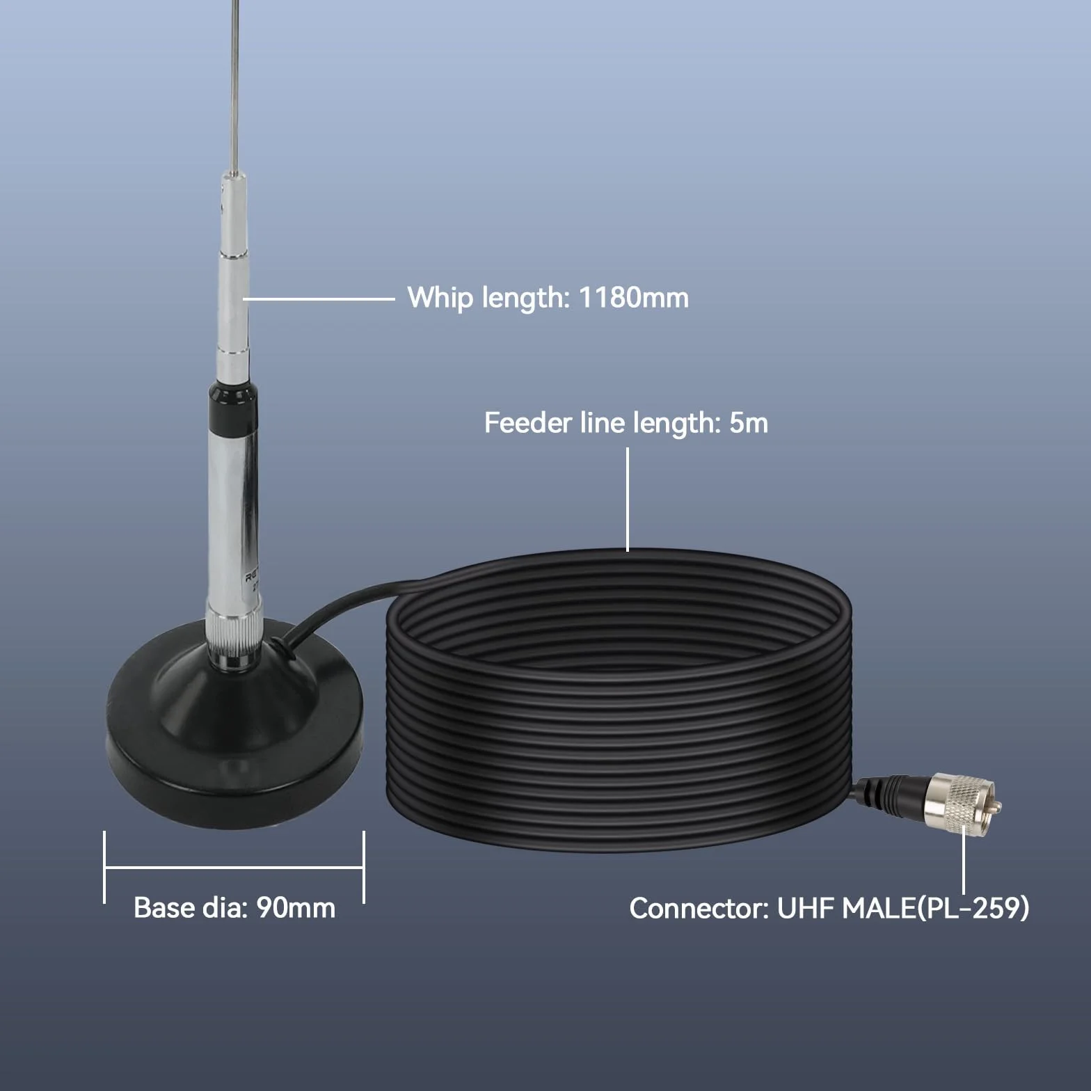 Retevis MR500 CB Antena, Longitud 1,2 m, 50Ω, PL259, Montaje Magnético, Acero Inoxidable, Antena de Radio CB, Cable RG58 de 5 m, Antena CB 27 mhz Coche Compatible con President Randy-III MB62 MB63A