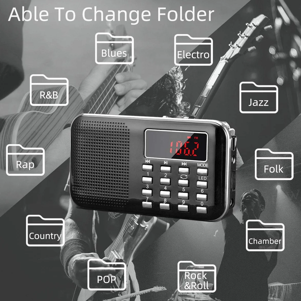 PRUNUS J-908 AM/FM Radio Portatil Pequeña Recargable, Radio Pequeña Digital con Linterna LED, Reproductor de TF/USB/AUX /MP3, Radio Bateria Recargable de 1200 mAh (Negro)