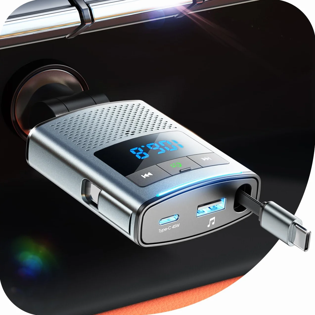 JOYROOM 90W Transmisor FM Bluetooth 5.4 Coche, 【100cm Cable Retráctil】 2025 Manos Libres Coche Bluetooth, 24V/12V Cargador Coche Carga Rápida, Accesorios Coche Interior para iPhone 17/Samsung