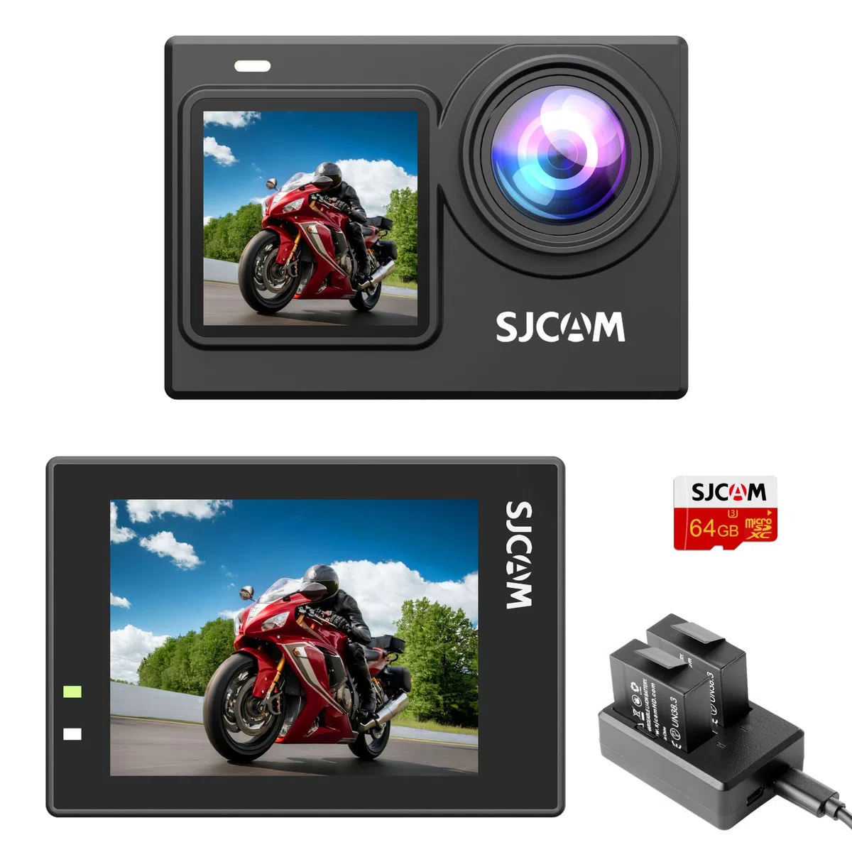 SJCAM SJ6Pro 4K60fps 24MP Cámara de acción de Pantalla Dual con WiFi, estabilizador de giroscopio de 6-aixs, Zoom 8X FOV de 165°, cámara Impermeable subacuática de 30 m con Tarjeta 2X 1000mAh/64G