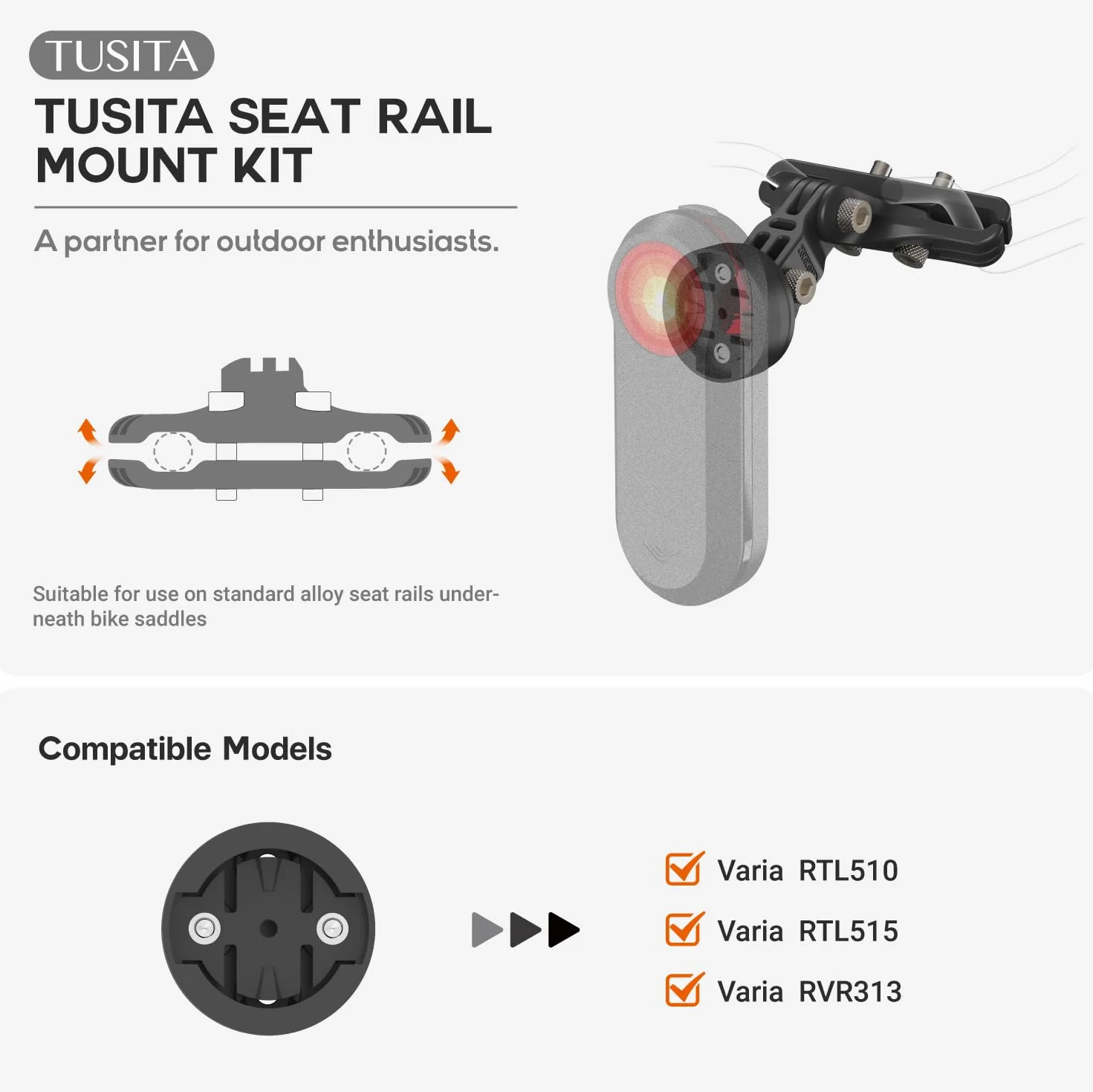 TUSITA Kit de Soporte para Riel de Asiento Compatible con Garmin Varia RTL510 RTL515 RVR315, RearVue 820 Rearview