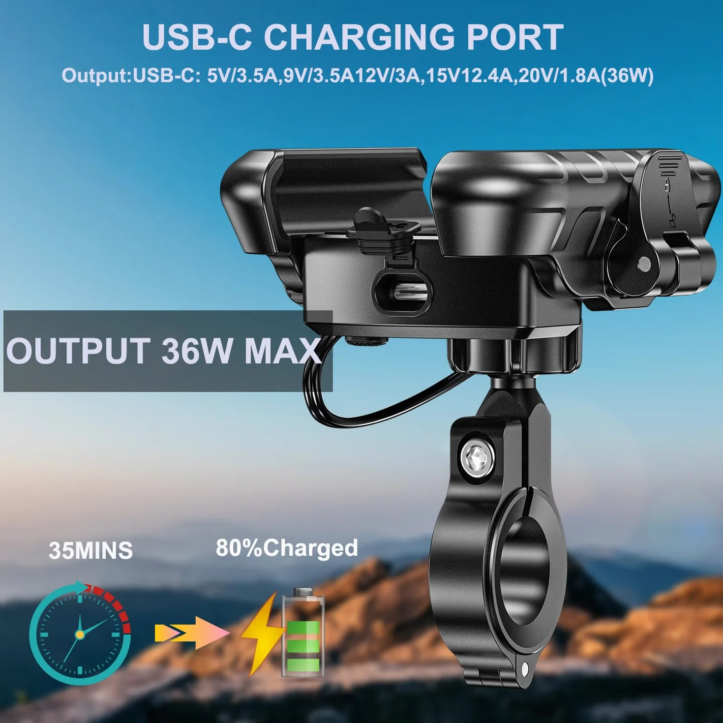 iMESTOU Aluminio Soporte Móvil Moto con USB Cargador, Carga Rápida Soporte Movil USB C para Moto, Compatible con Teléfonos de 5.4" a 7.2" de Hasta 15 mm de Grosor, se Adapta a Manillares de 12 a 32 mm