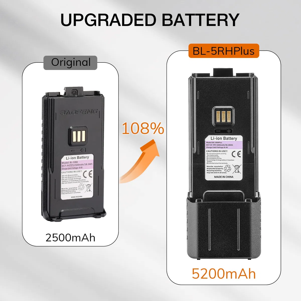 BAOFENG Batería BL-5RH Plus, 5200 mAh, puerto de carga tipo C, compatible con la serie UV-5RM, radio K5PLUS de dos vías