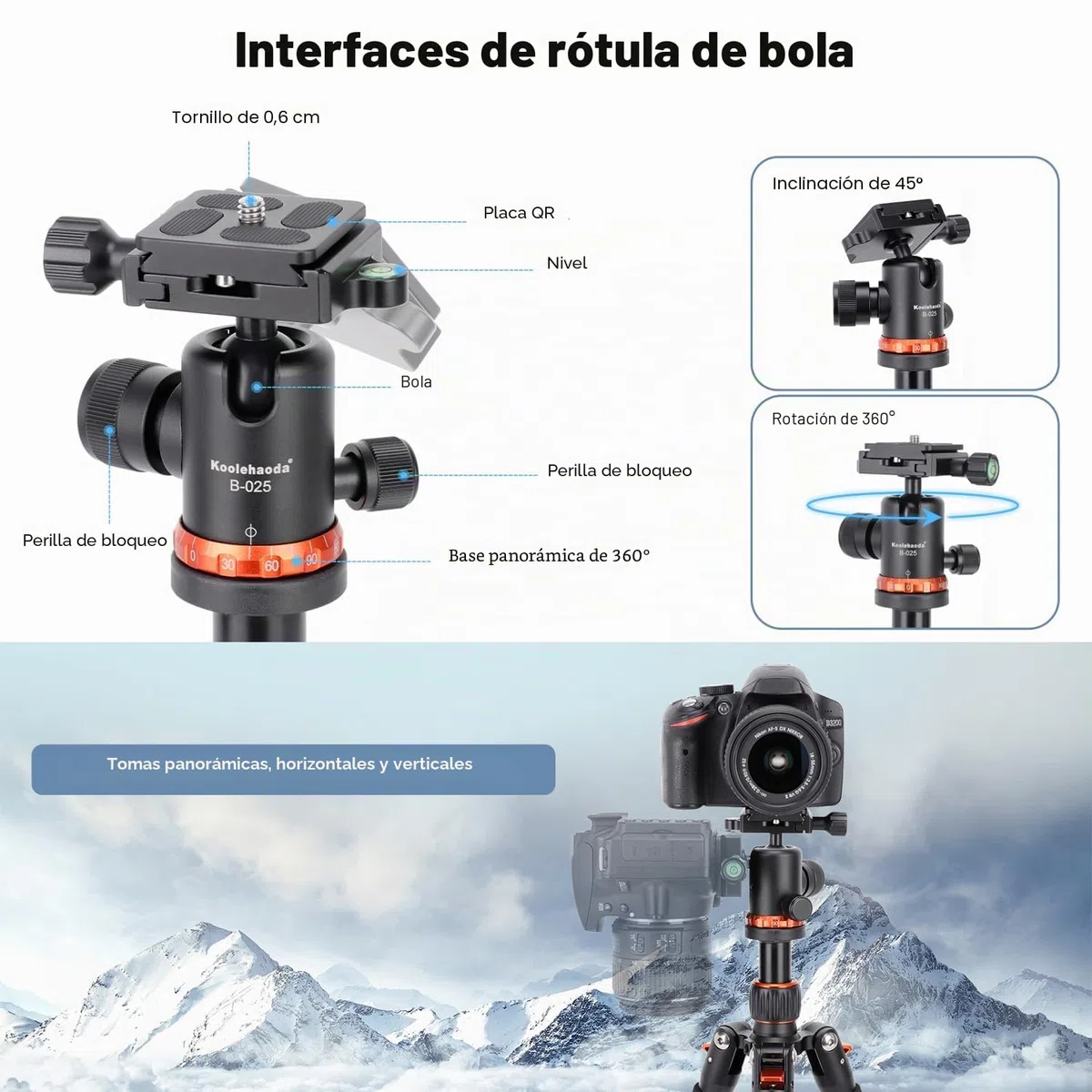 Koolehaoda Mini trípode de cámara 63,5 cm Trípode de Mesa Compacto de Aluminio Trípode de Viaje portátil con rótula de Bola de 360° para cámara DSLR Videocámara, Carga hasta 10 kg - (Naranja)