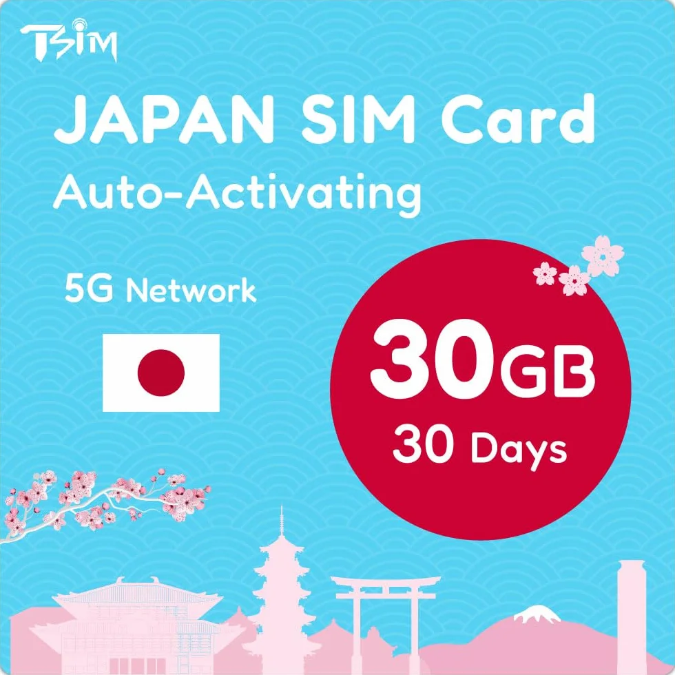 TSIM Tarjeta SIM japonesa de 30 días | Datos de alta velocidad de 30 GB en 5G/4G/LTE (se permite compartir datos) | Activación automática | Sin límite de velocidad de datos | Nueva tarjeta SIM 5G