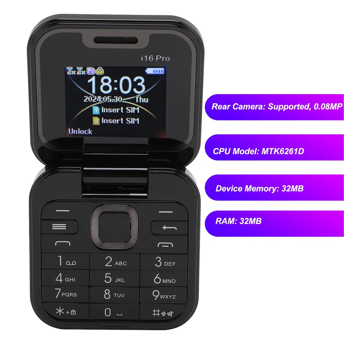 ASHATA Mini Teléfono Móvil Plegable 2G, Soporte Dual SIM, Radio FM, Bloqueo de Llamadas, Vibración, Marcación Rápida, 32 MB RAM