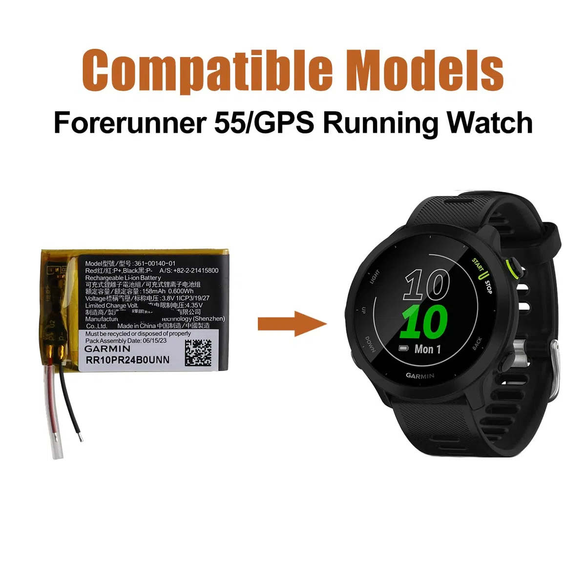Duotipa Batería de repuesto 361-00140-01 para Gar-min Forerunner 55/GPS Running Watch Smartwatch (158 mAh)