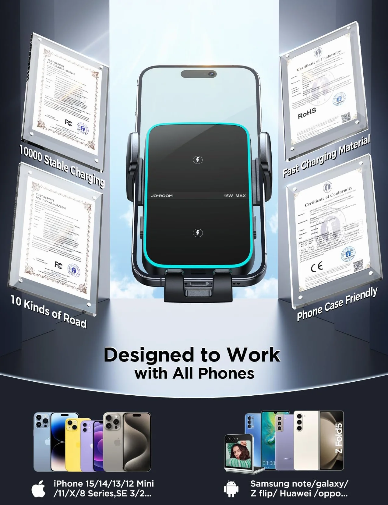 JOYROOM 15W Qi Cargador Inalambrico Coche,【Doble Bobina】 Soporte Coche Magsafe con Sujeción Automática, Fast Wireless Car Charger para iPhone 16/1513/12/Pro/Sumsang Galaxy S23/S22/S21/S20/Note 20