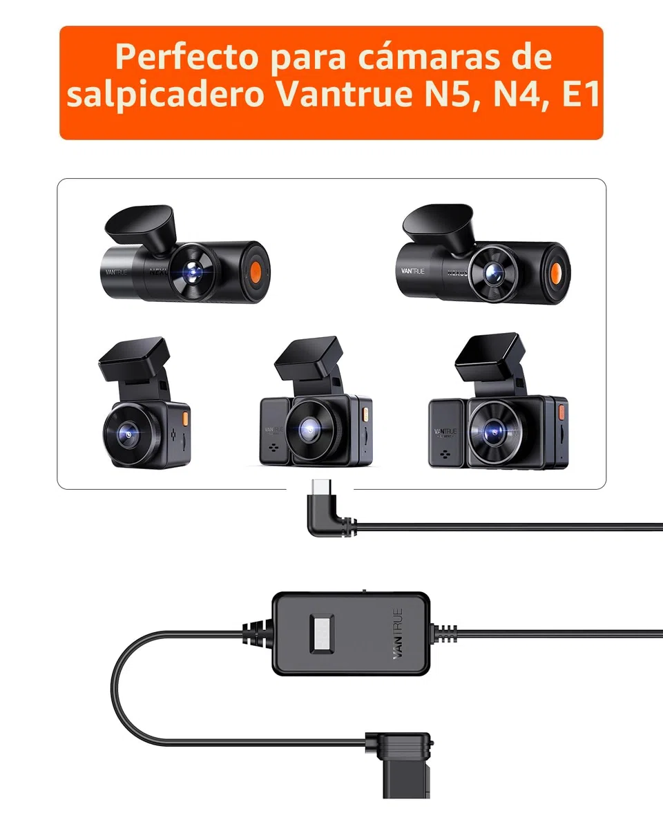 VANTRUE USB C Pantalla OBD cableado con 3 Niveles para Todas Las cámaras Vantrue, protección de bajo Voltaje 11.6V/12V/12.4V, 23.6V/24V/24.4V, monitoreo de estacionamiento Las 24 Horas, 3 Metros