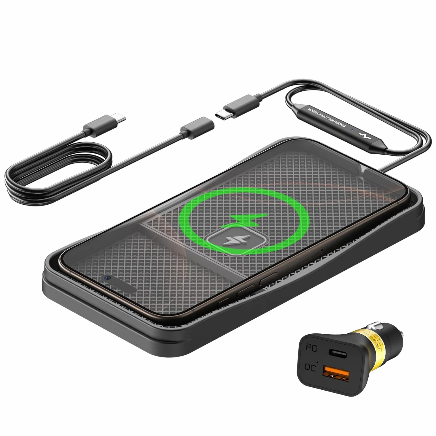 Alfombrilla Cargador Inalámbrico Coche, Polmxs 15W Cargador Coche Carga Rapida Inalambrico Antideslizante con Cable de 30cm y Extensión de 70cm, Compatible con iPhone 16/15/14/13/12, Samsung, Google