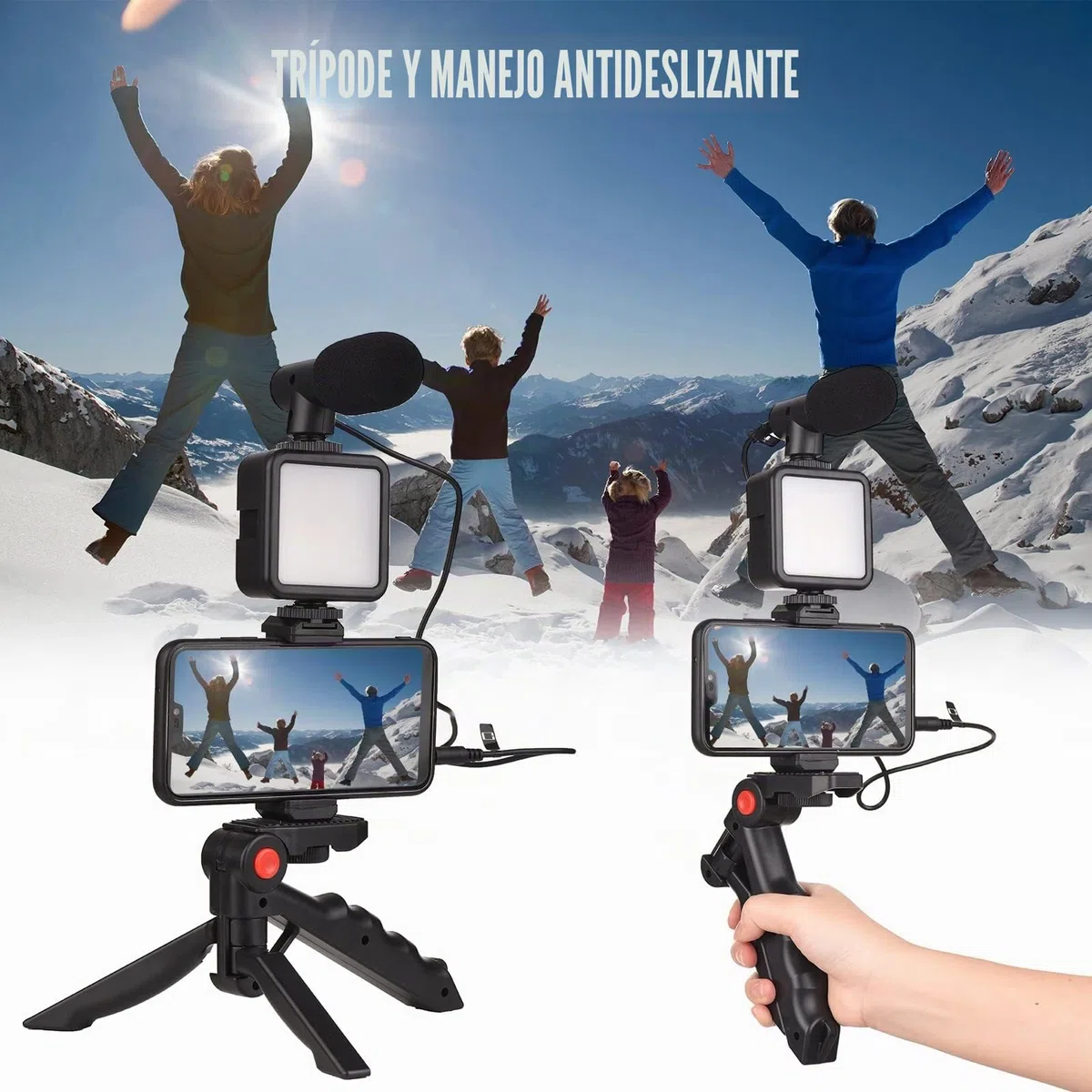 Andoer Kit de video para teléfono, luz LED cardioide + micrófono + clip extensible + trípode con brillo ajustable para vlog y transmisión en vivo