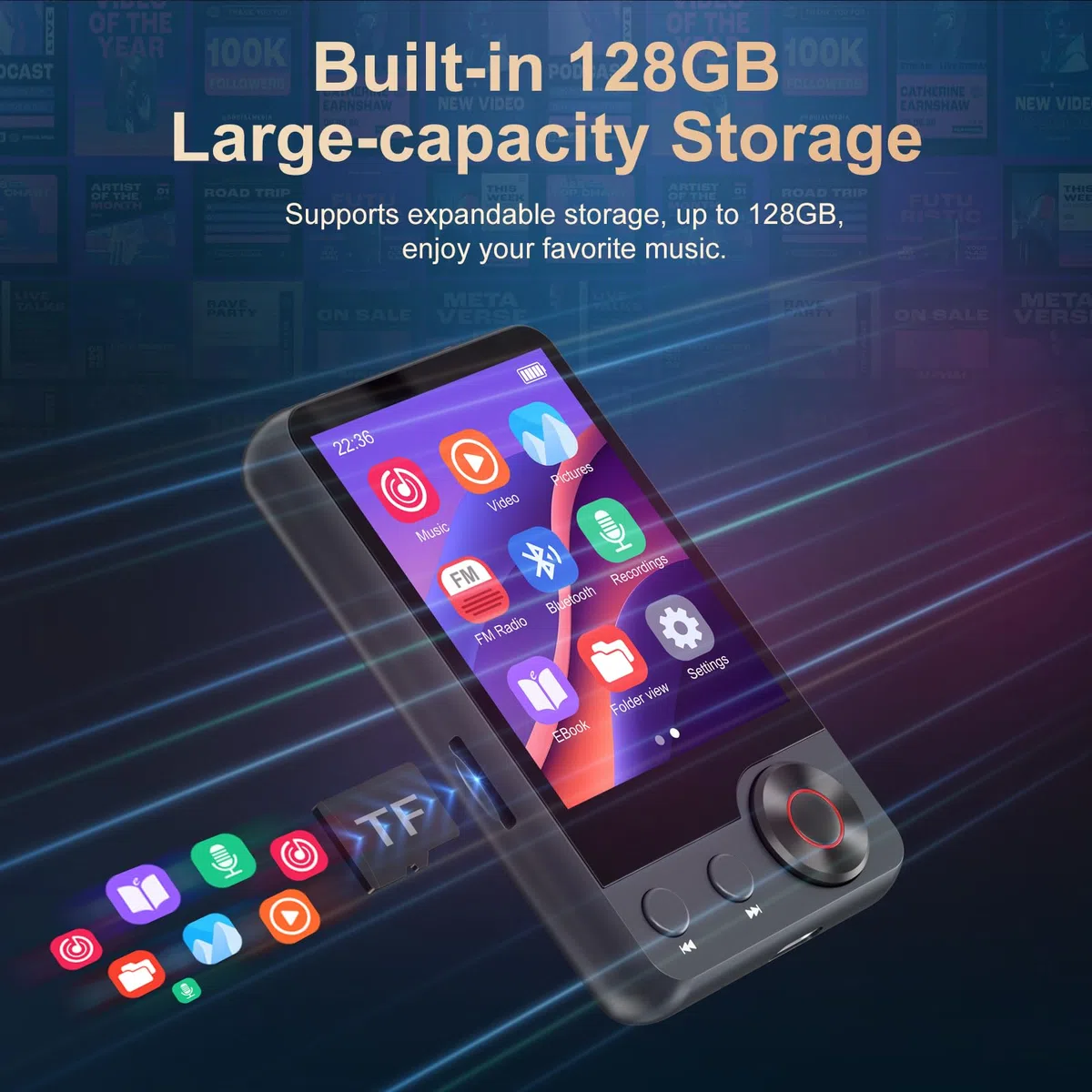 128GB Reproductor MP3 con Bluetooth 5.3, Oilsky 2,4'' Reproductor de Música Portátil con Altavoz, MP3 Reproductor con Radio FM, Grabación de Voz, Auriculares (Gris)