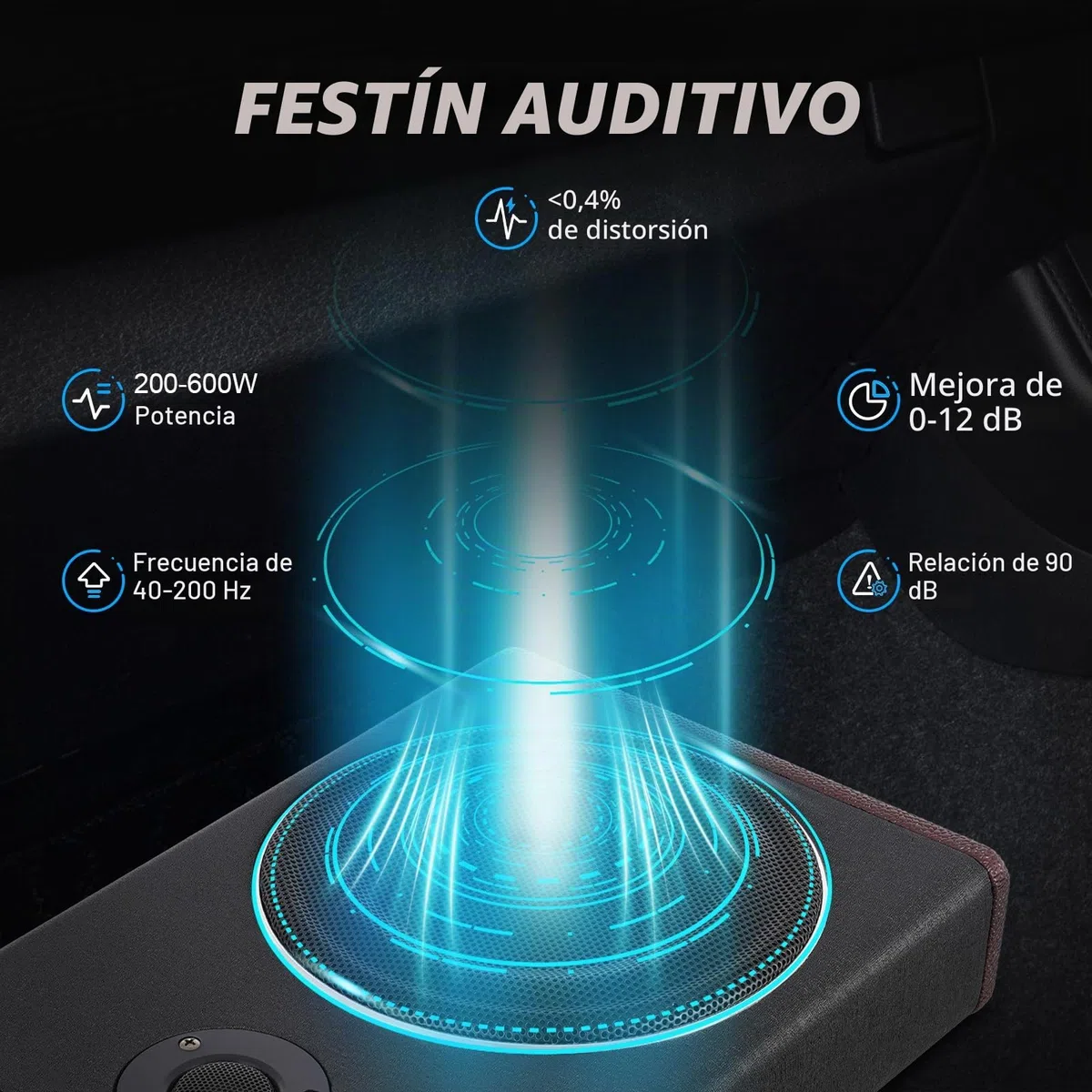 MINRS Subwoofer activo bajo el asiento del coche, subwoofer bajo ultracompacto de 8 pulgadas, subwoofer activo para coche, 600 W de potencia máxima, potencia nominal de entrada de 200 W, incluye juego