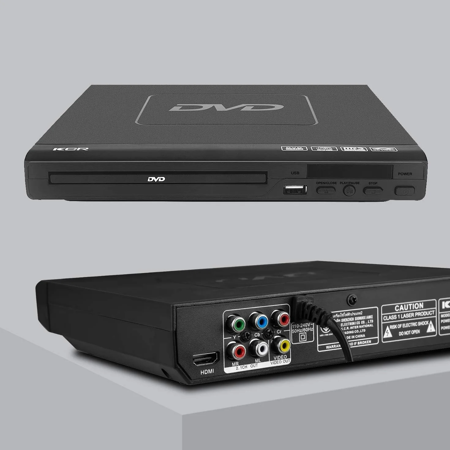 Reproductor de DVD KCR para TV, Reproductor de DVD multiregión 1/2/3/4/5/6, Puerto USB, Mando a Distancia, Salida AV y Puertos HDMI.