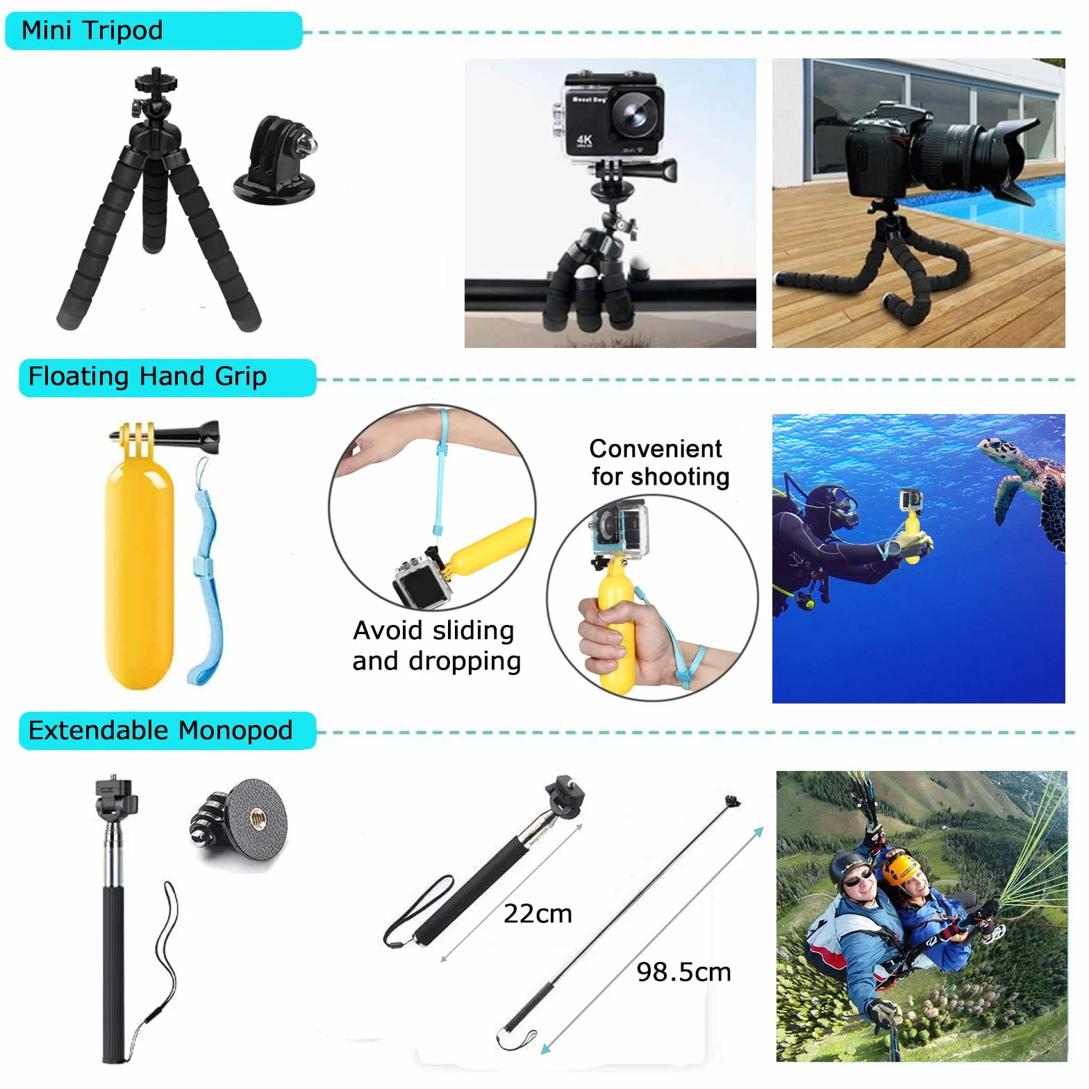 Kit de Accesorios para Cámara de Acción, Bonvvie 50-en-1 Kit de Accesorios para Cámara Deportiva Hero 13 12 11 10 9 8 Black, MAX/Fusion, Insta360, dji Osmo Action, Campark, SJCAM, REMALI