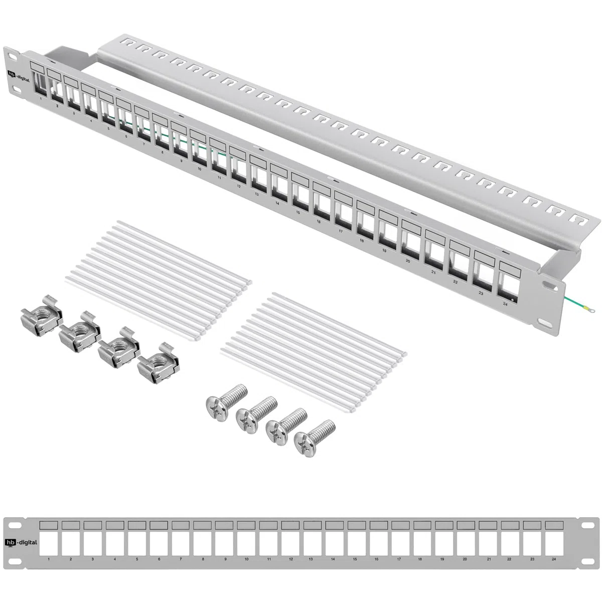 hb-digital Panel de distribución modular de 24 puertos para módulos Keystone RJ45 de 19 pulgadas, CAT 5, CAT 6, CAT 7, para armario de red LAN, profesional, TIA568A, TIA568B, cable de tierra – Gris