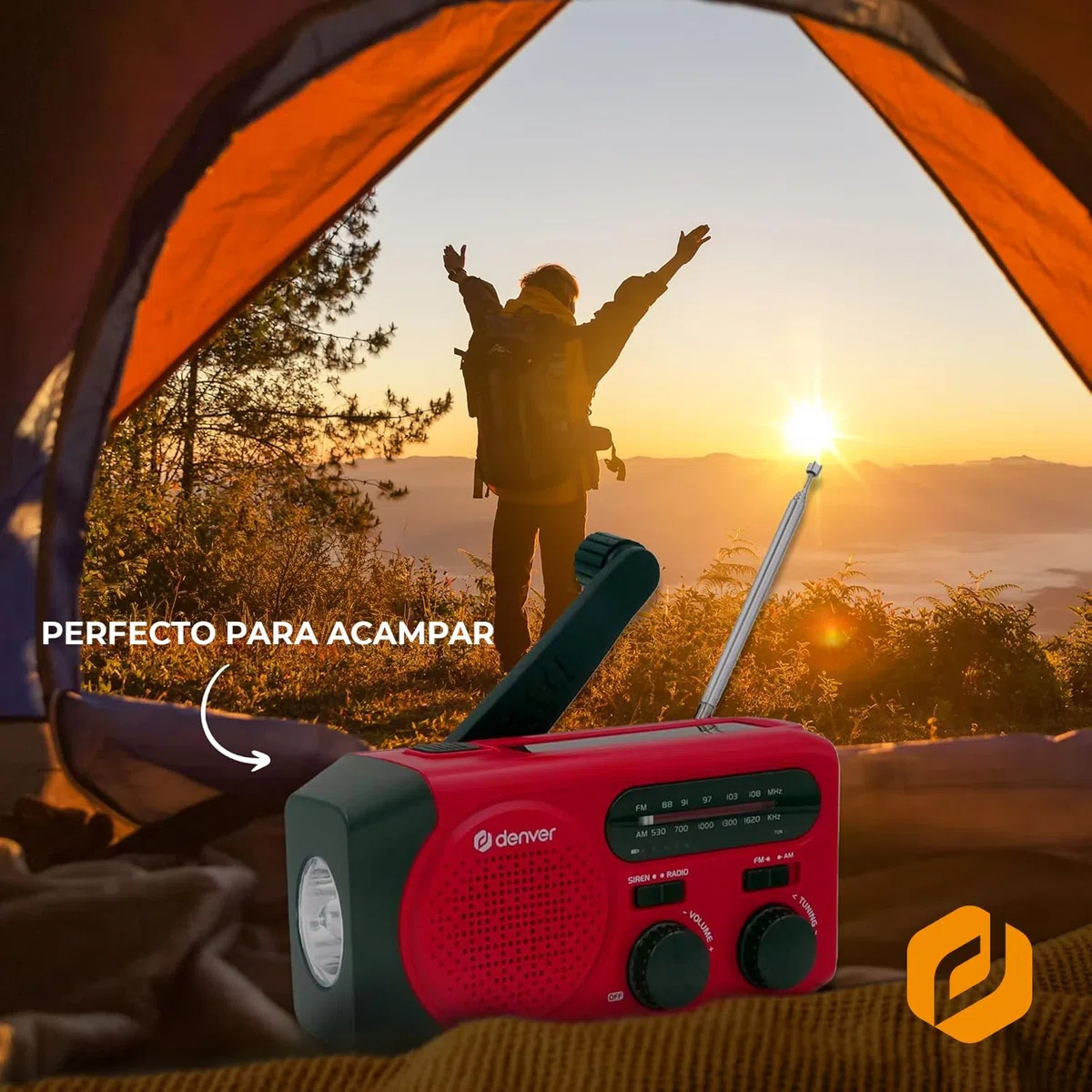 Denver SCR-2010MK2 Radio Solar de Emergencia con Manivela, Am/FM, Linterna LED 1W, Sirena SOS, Batería Recargable 2000 mAh, USB-C/USB-A, Funciona con Pilas AAA, para Apagones y Camping
