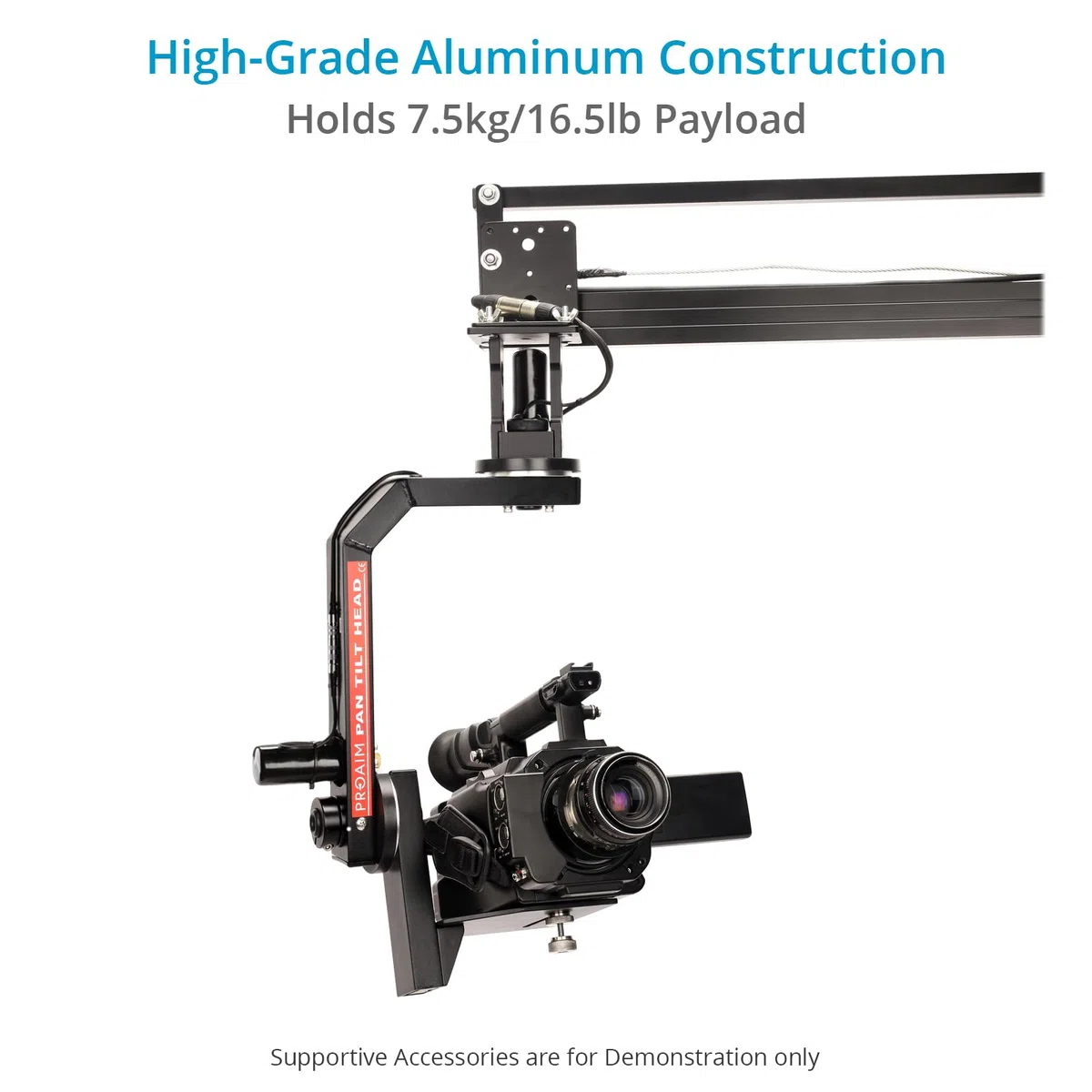 Cabezal PROAIM 2 Ejes 360° Pan-Tilt con Joystick 12V para jib, 7.5 kg | Cabezal de aluminio CNC con motores DC sin escobillas, 6–51°/s, control de amortiguación, cable de 15 m, altura máx. 26"