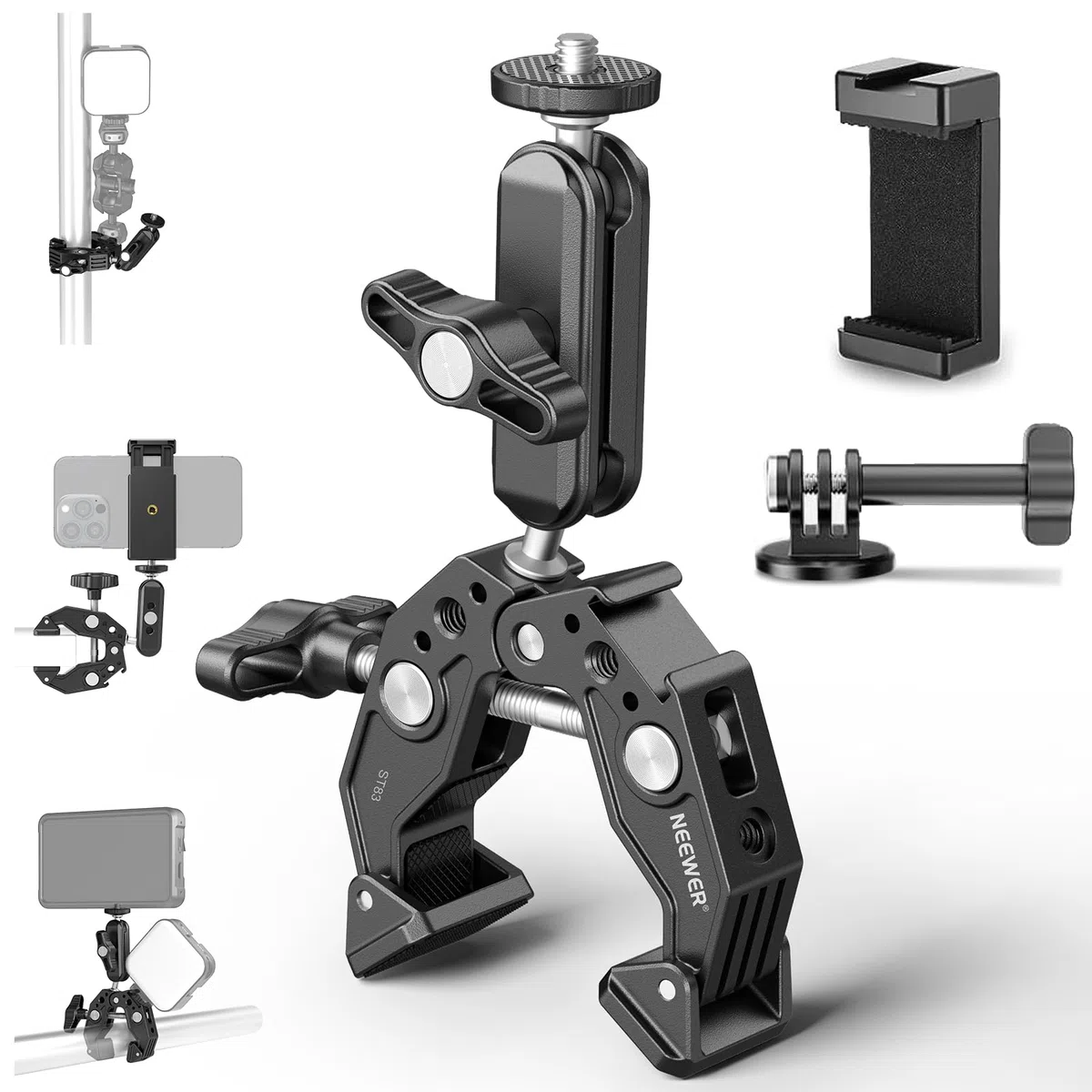 NEEWER Super Clamp con 3" Magic Arm de Doble Cabeza esférica, Cold Shoe, Rosca 1/4", Adaptador Teléfono/Cámara Acción para Trípode de Mesa Barras Gimbal, Compatible con SmallRig GoPro dji, ST83