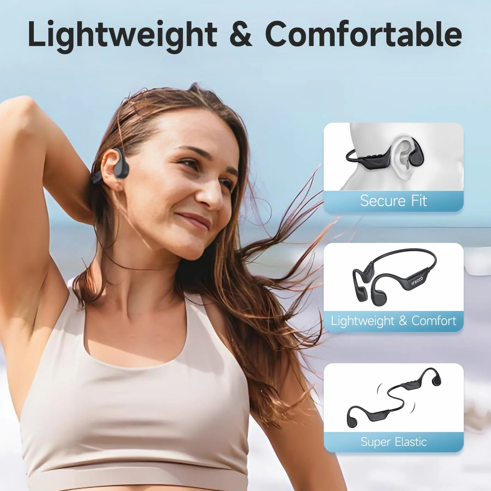 IFECCO Auriculares Conduccion Osea Bluetooth 6.2 – Cascos Conduccion Osea Inalambricos con Micrófono,IPX5 Impermeables Auriculares Oseos para Correr Ciclismo Fitness