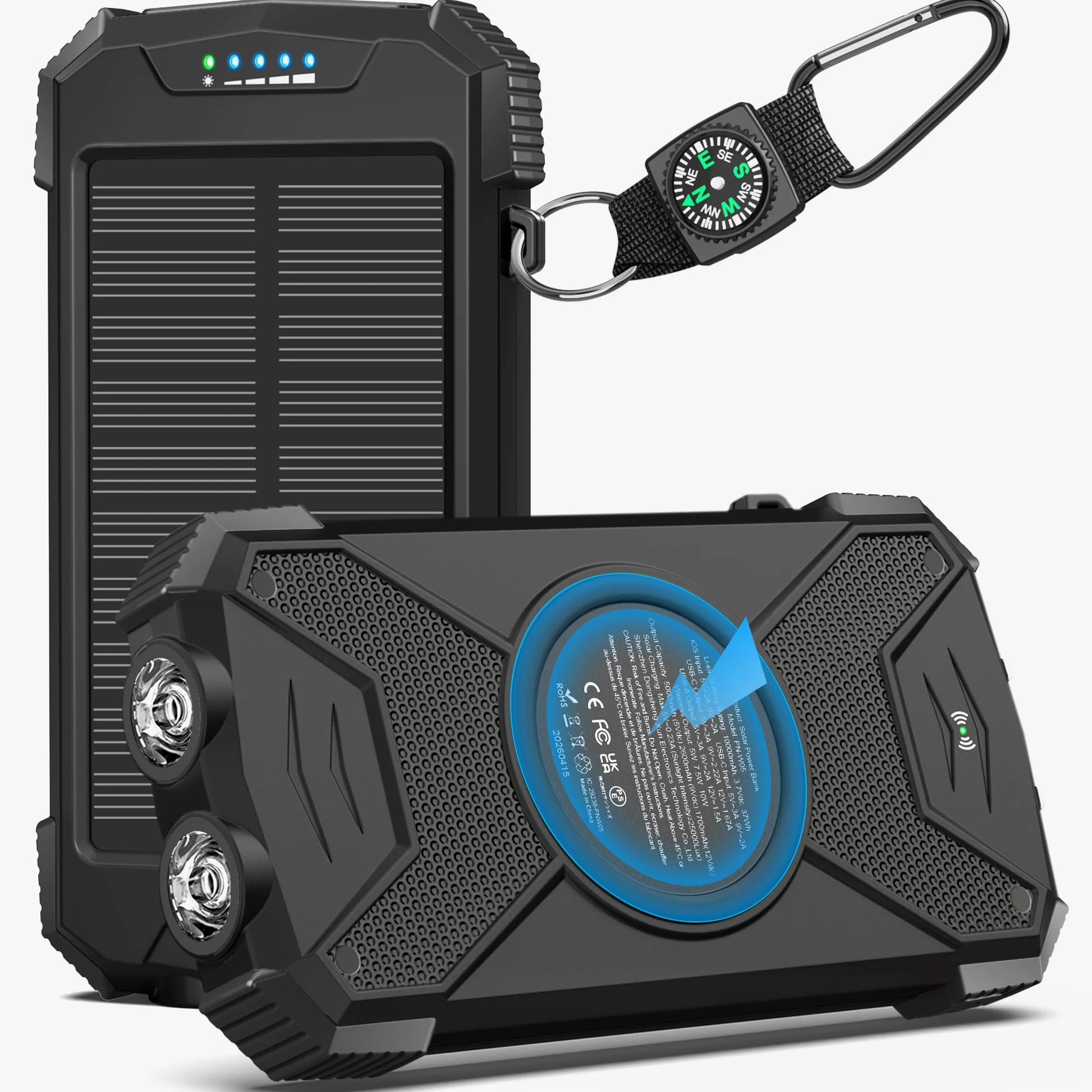 Solar Power Bank Cargador Solar 10000mAh, Banco de energía USB C portátil con Panel Solar Qi Carga rápida inalámbrica Batería de Camping Cargadores solares para teléfono móvil