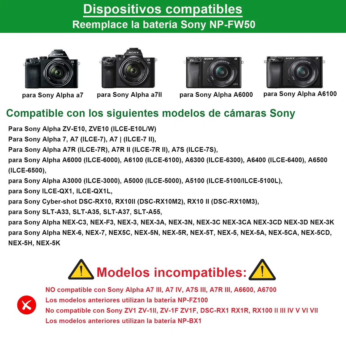 AC-PW20 Adaptador de alimentación de CA NP-FW50 Kit de batería ficticia para Sony Alpha ZV-E10 A7 A7R A7S A7II A7RII A7SII A6500 A6400 A6300 A6100 A6000 A5100 A5000 RX10 II III IV NEX-3 NEX-5