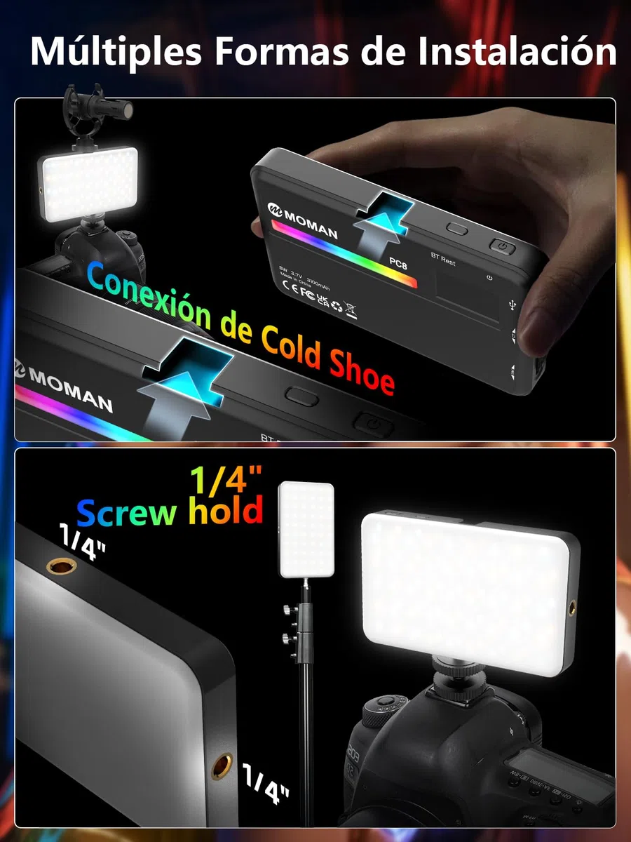 Moman PC8 Antorcha LED RGB Fotografia Portátil de 125g con Batería Recargable Iluminación Vídeo para DSLR Reflex, Foco-Cámara-Antorcha-Video-Led