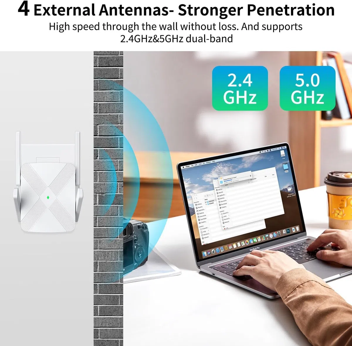 Repetidor WiFi, 4 Antenas Extensor WiFi, 1200Mbps Doble Banda Refuerzo Wi-Fi, Cubre hasta 12880 pies cuadrados, Booster de Internet - con puerto Ethernet, Intensificador de señal inalámbrica doméstico
