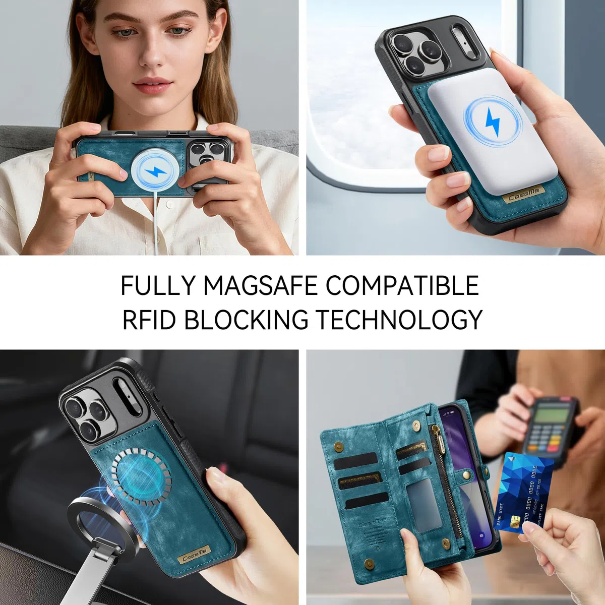 Funda Cartera Magnética Desmontable de Piel para iPhone 17 Pro MAX - Antigolpes y Multifunción con Soporte, Ranuras para Tarjetas, Carga Inalámbrica y Correa Extraíble, Azul