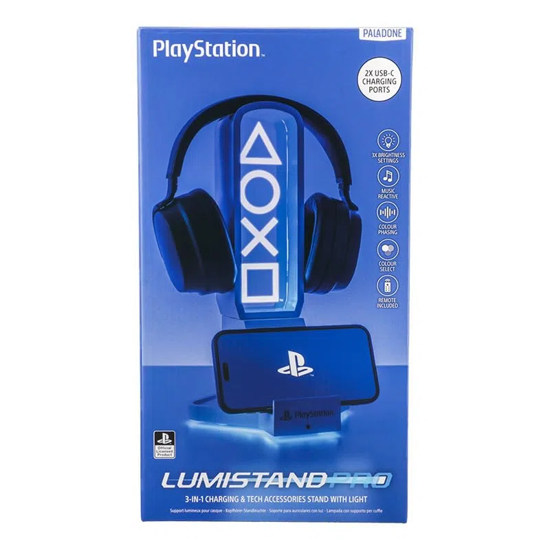 Paladone - Soporte para Auriculares 3 en 1 y estación de Carga tecnológica de PlayStation con Base para Mando de Consola y 2 Puertos USB-C, Panel de luz RGB Que Cambia de Color, Licencia Oficial