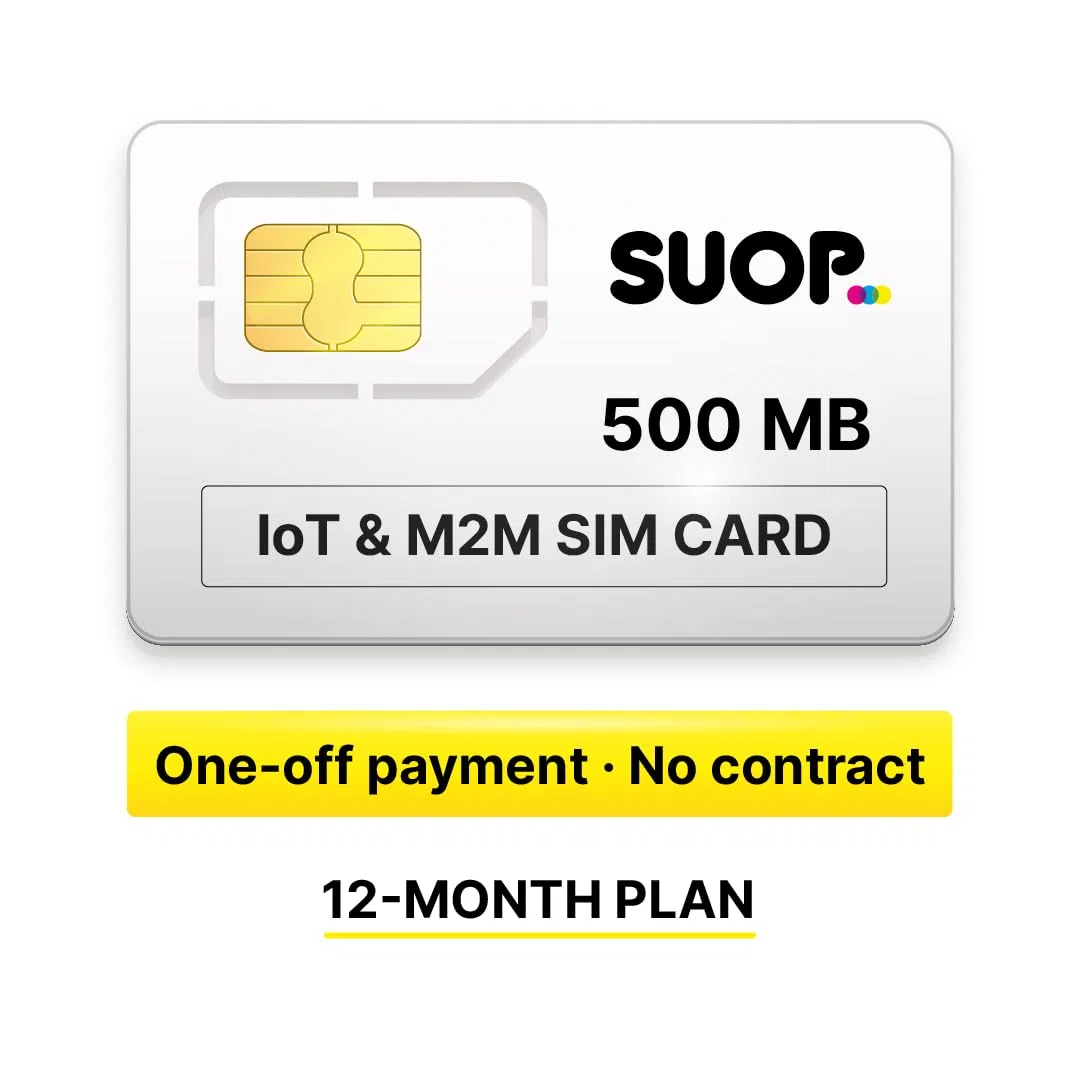 SUOP Tarjeta SIM IoT y M2M | 500MB/Mes x 12 Meses | Prepago con Pago único Anual. Sin cuotas mensuales | Cobertura Europea 4G multioperador | Alarmas, GPS y Dispositivos conectados