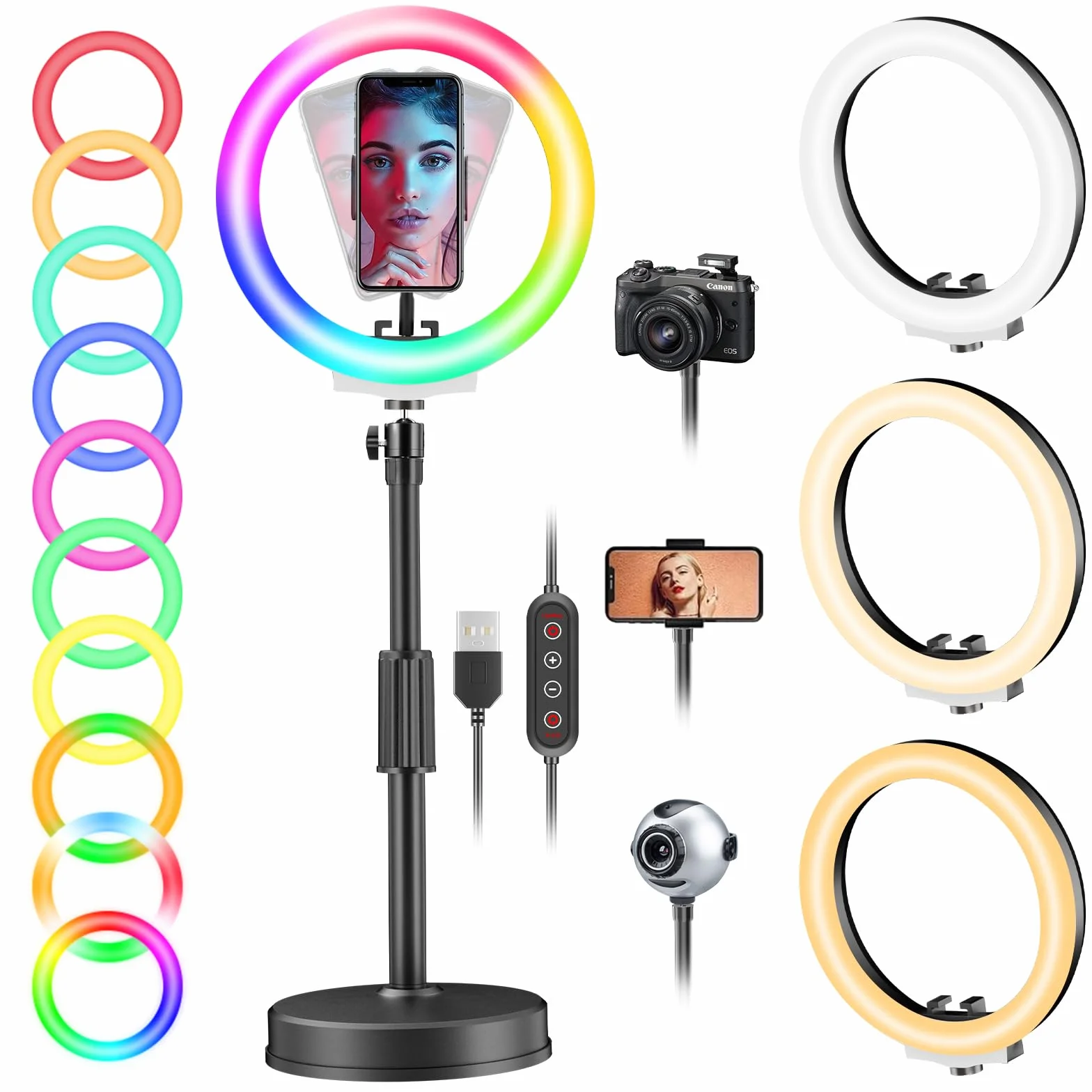 PEYOU Aro de Luz con Tripode, RGB Ring Light de Chasis Redondo Reforzado, Anillo de Luz Regulable para TikTok, Maquillaje, Selfie Fotografías, Youtube, Twich Live, etc.