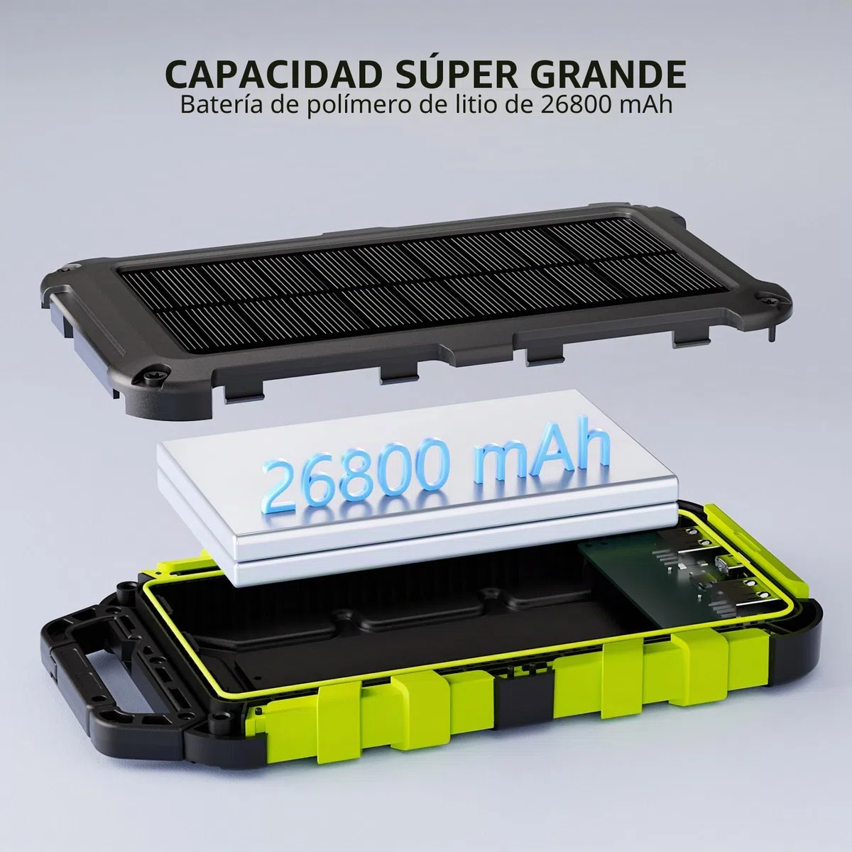 TOENNESEN Cargador Solar 26800 mAh Power Bank Solar, Bateria Externa con Carga Rápida 15 W Impermeable IPX4 2 Puertos USB + Linterna LED Compatible con Smartphones Tablets Camping y Emergencias