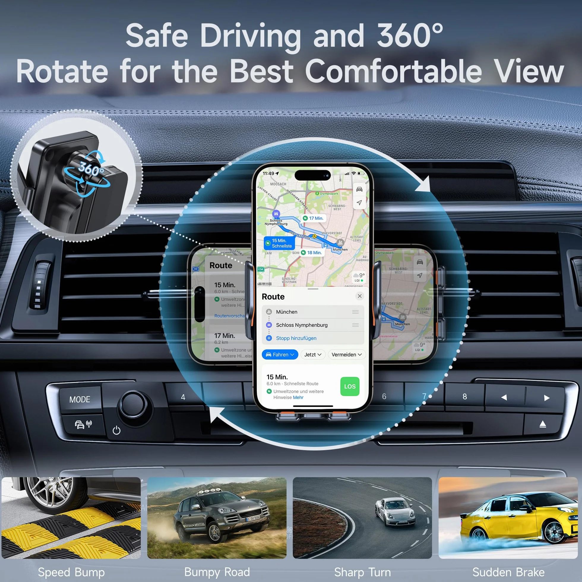 NOHON Qi Cargador Inalambrico Coche：15W Soporte Movil Coche Cargador Sujeción Automático, Soporte Cargador Movil Coche Carga Rápida con Ventosa/Clip de Ventilación para iPhone/Samsung/Xiaomi/OPPO