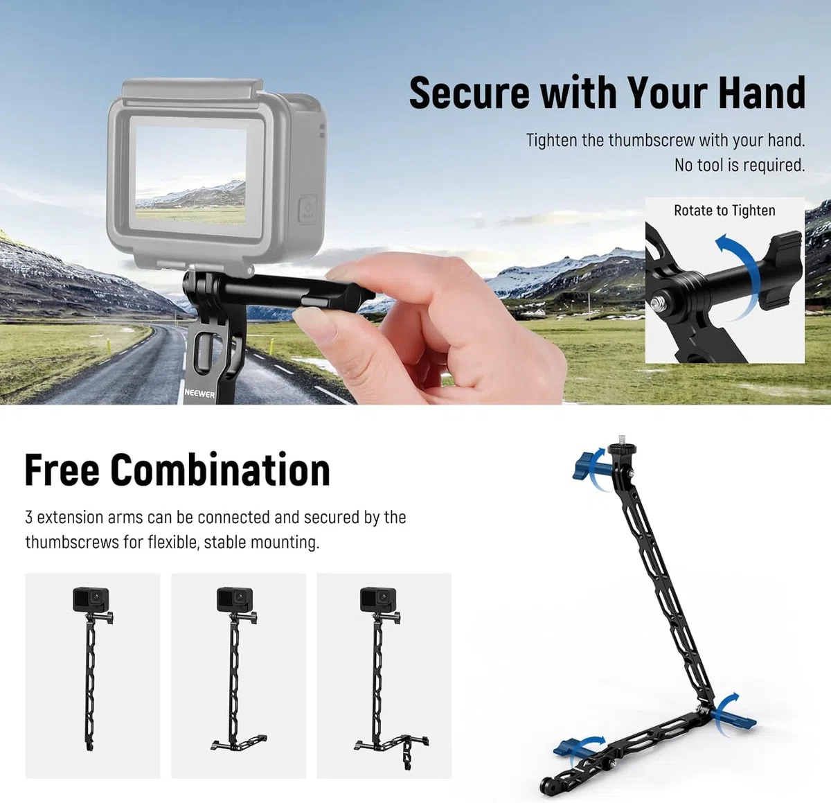 NEEWER Brazo Extensión Aleación Aluminio (11,8"/6,5"/3,3") para Cámara Acción con 3 Thumbscrews y 1/4" Tornillo Adaptador Compatible con GoPro Hero 13 12 11 10 dji Osmo Action 5 Pro Insta360, GP-11
