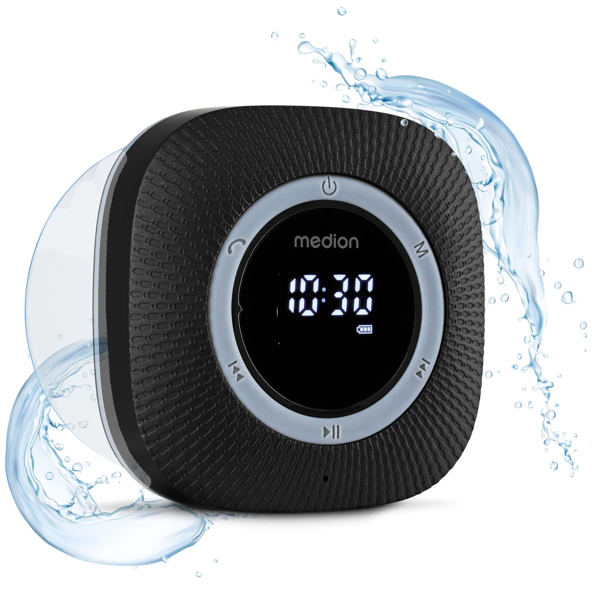 MEDION P66096 Radio de Ducha con Bluetooth (Radio de baño, Radio FM, Ventosa, Pantalla LED, Impermeable IPX6, batería Recargable integrada, MD43884) Negro