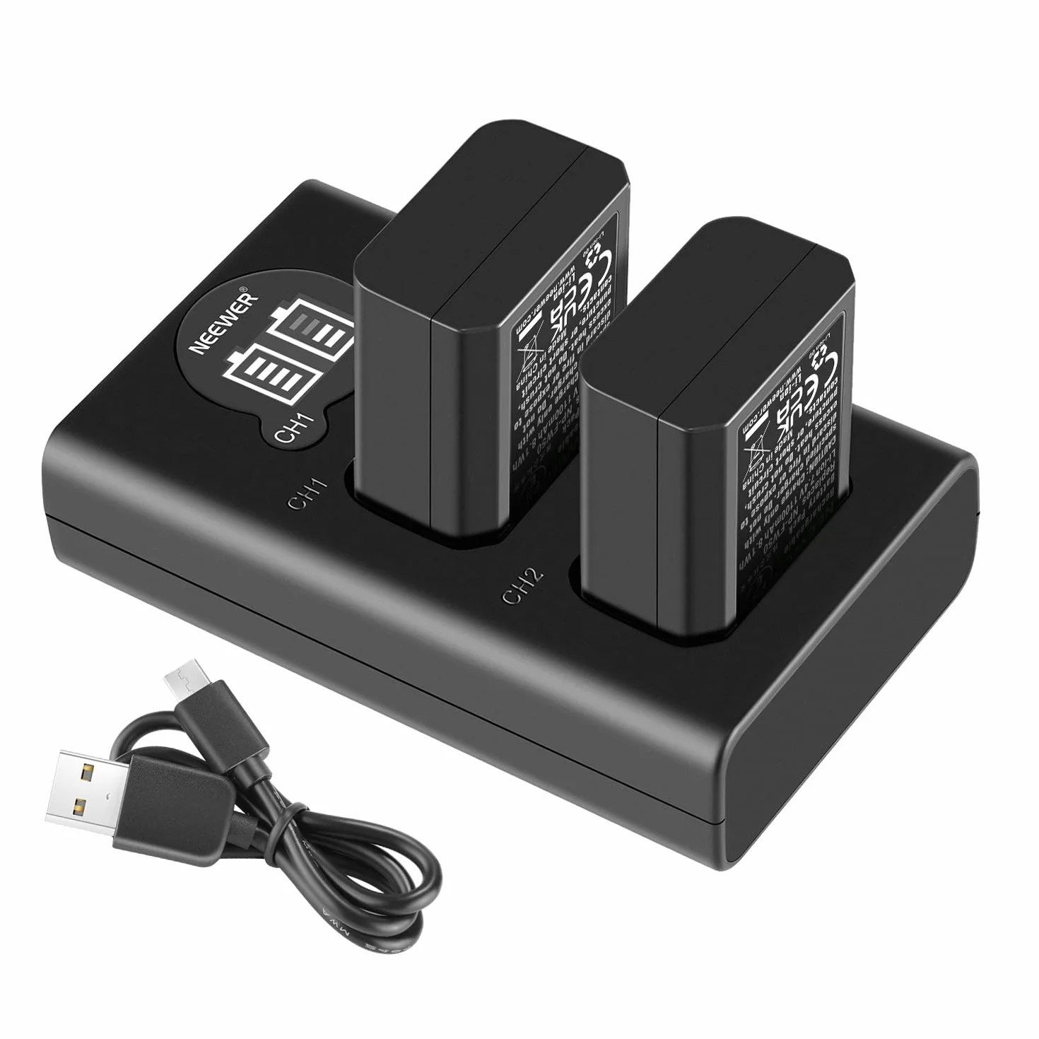 NEEWER NP-FW50 Juego de Cargador de Batería de Cámara para Sony ZV-E10 A7 A7R A7RII A7II A7SII A7S RX10 Series (Paquete de 2 Baterías de Repuesto de 1100mAh MicroUSB y Entrada tipoC Dual Cargador)