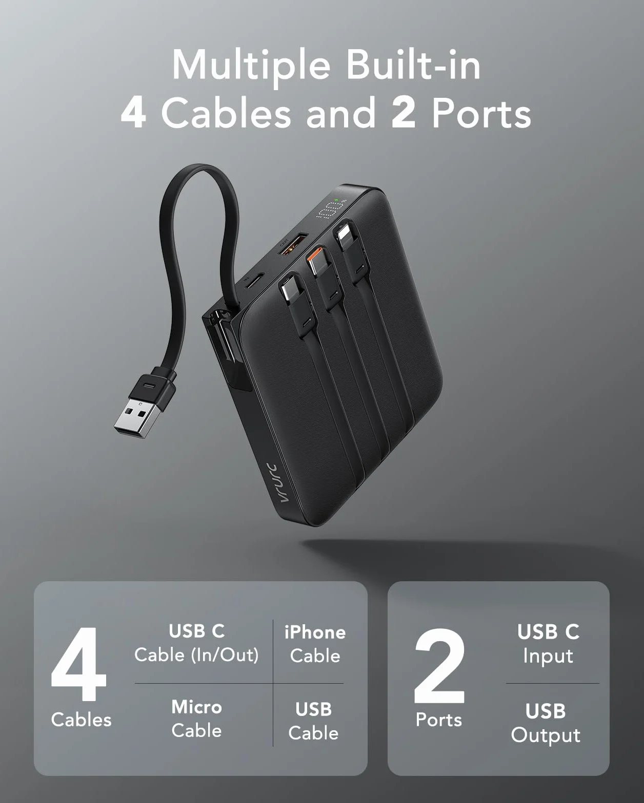 VRURC Power Bank 20000mAh, Power Bank con Cables Integrados, Batería de Carga Rápida USB C de 22,5 W, Pantalla LED para iPhone 15 14 iPad Samsung Galaxy S23 Google Android Phone - Negro