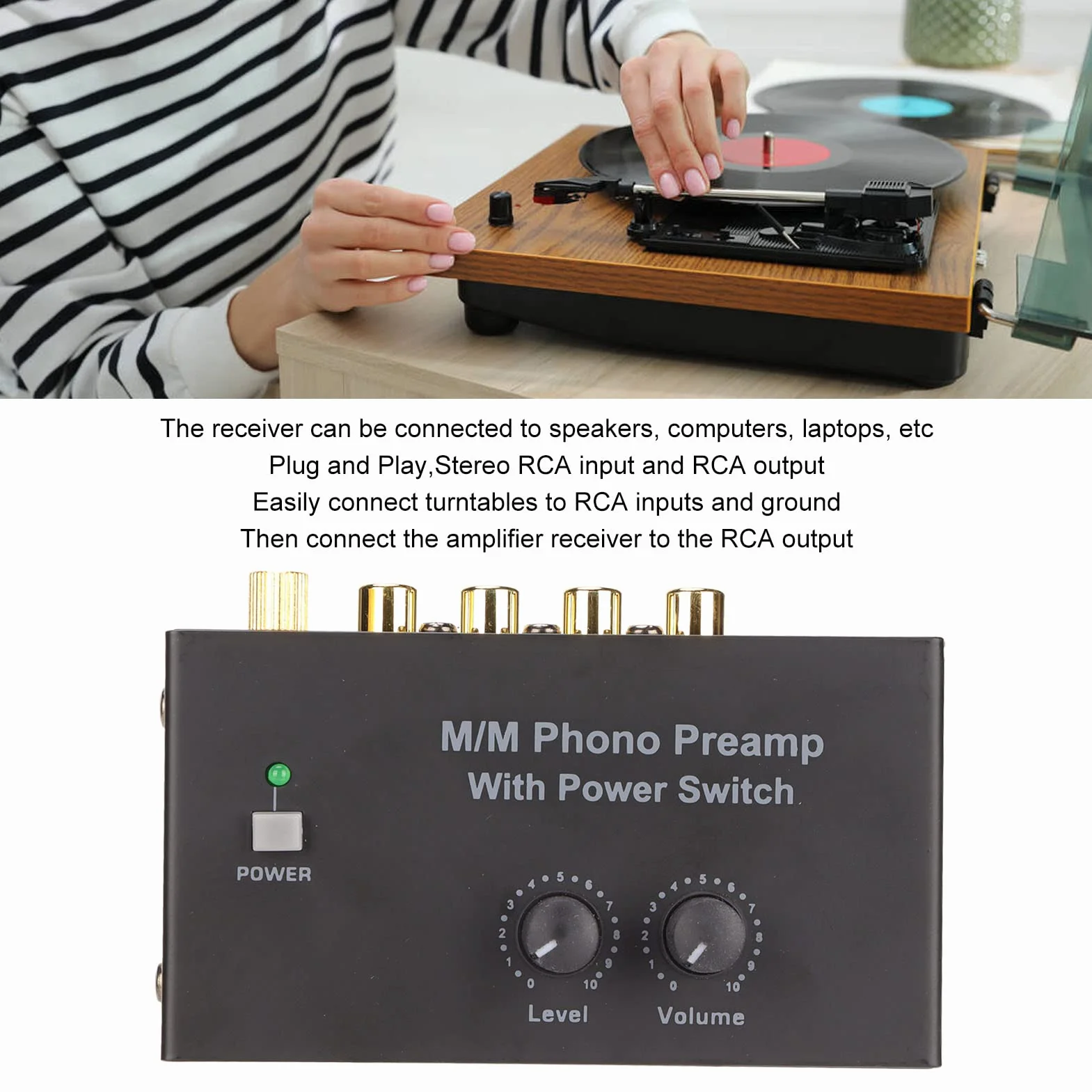 Preamplificador de Tocadiscos PP500P Phono, Mini Preamplificador de Fonógrafo Estéreo de Audio Electrónico de Doble Ganancia, Amplificador de Auriculares de Metal DC 12V