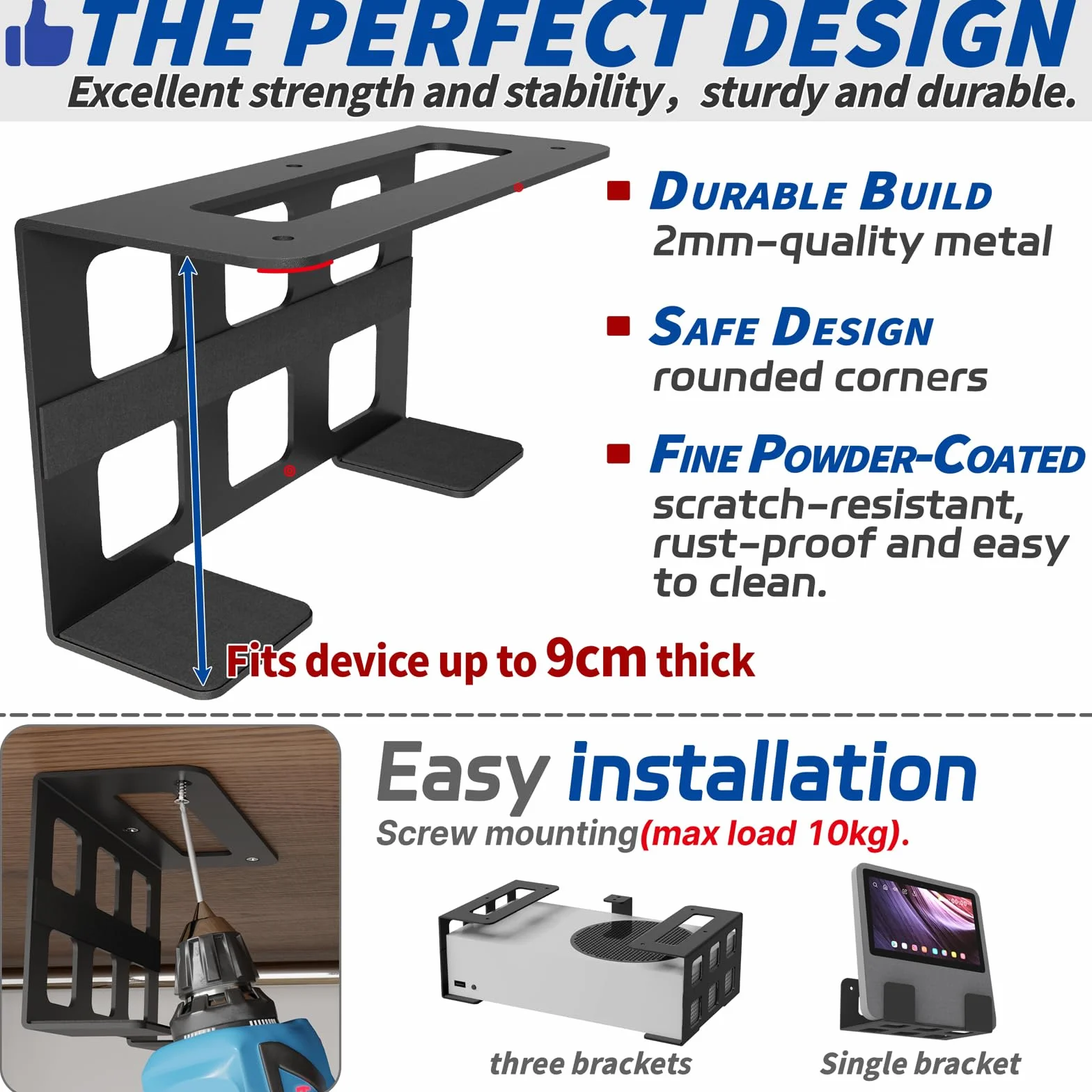 sciuU Soporte Universal para Pared/Techo/Bajo Escritorio – para Dispositivos Espesor < 9cm – Acero Inoxidable – Compatible con Xbox Series S, PS5 Pro, Proyector, Mini PC, TV Box, Router, Laptop