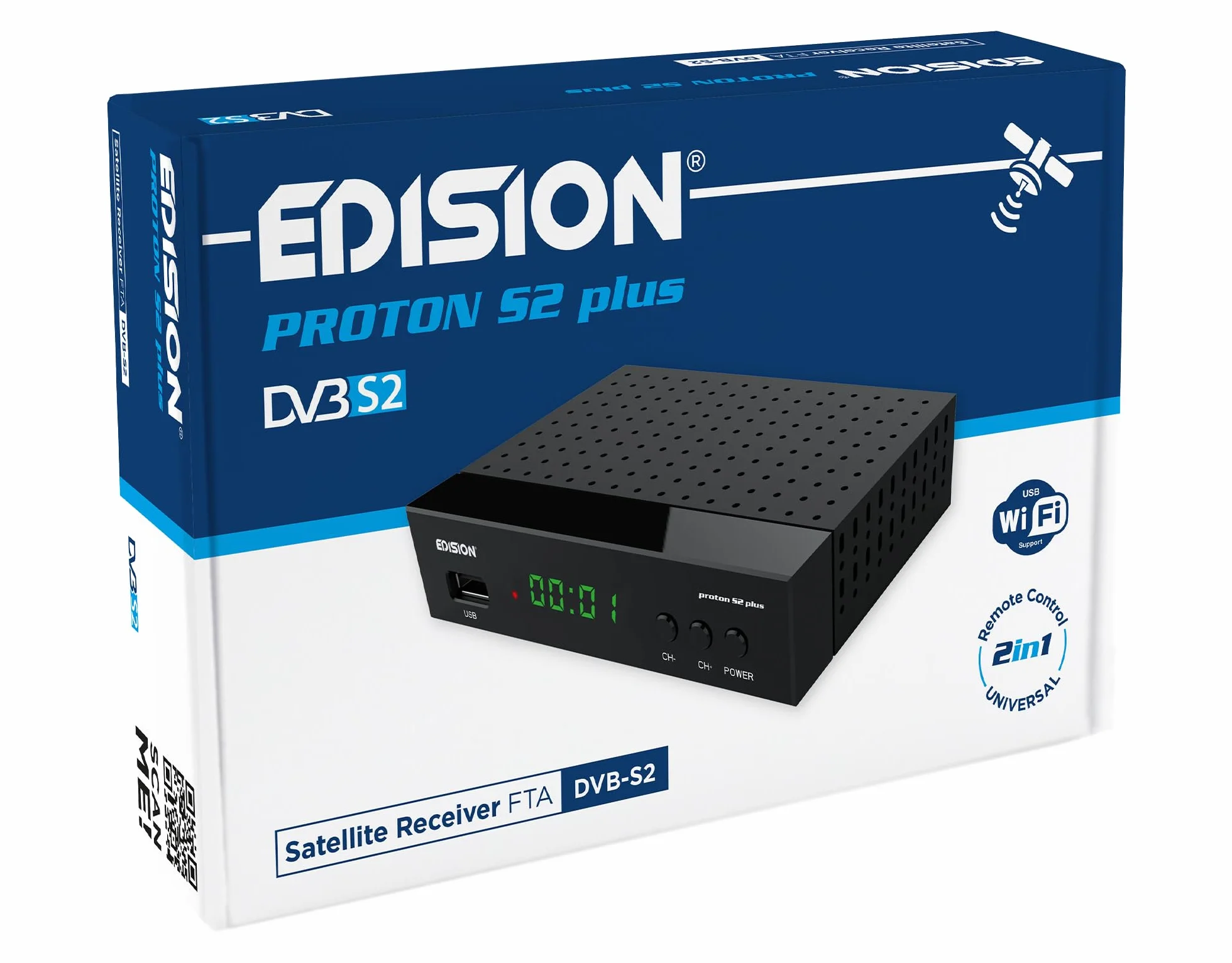 EDISION Proton S2 Plus Full HD Receptor de satélite Digital DVB-S2 FTA, Soporte Unicable, Soporte USB WiFi, LAN, HDMI, SCART, SPDIF, USB, IR, Lector de Tarjetas, Mando a Distancia Universal 2en1