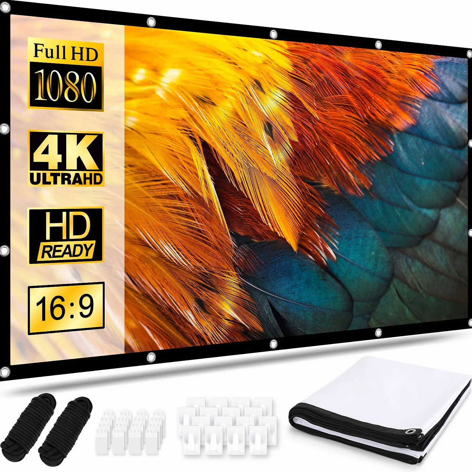 Pantalla Proyector 120 Pulgadas 16:9 HD Antiarrugas Plegable Portátil Lavable Tela Proyector, Pantalla de Proyección de Doble Cara para Patio, Hogar, Teatro Exterior