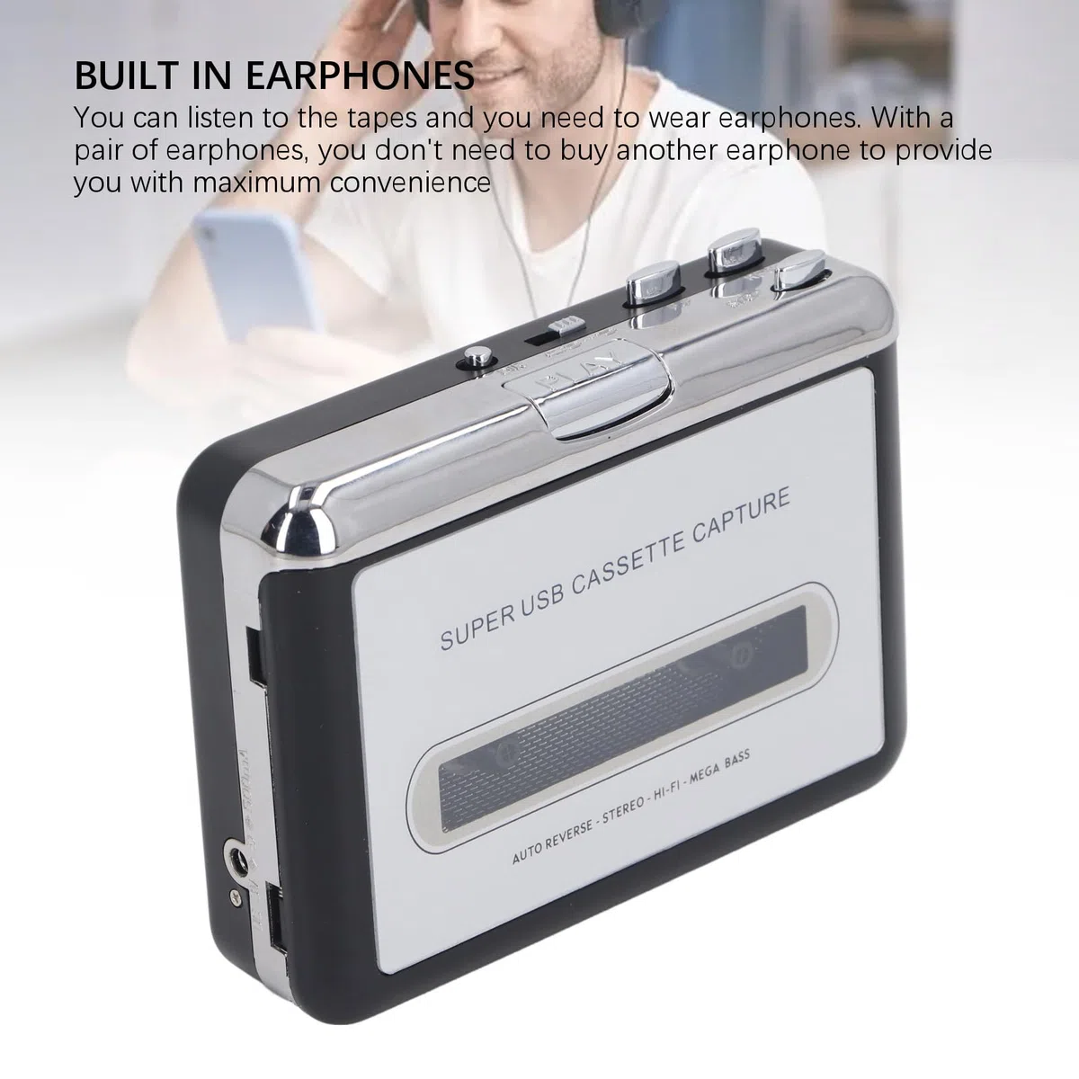 Box Convertidor de MP3, Reproductor de Cinta de Cassette, Convertidor de Cinta de Cassette a MP3 con Auriculares Integrados, Adaptador Portátil USB Captura Música para CD, Plug