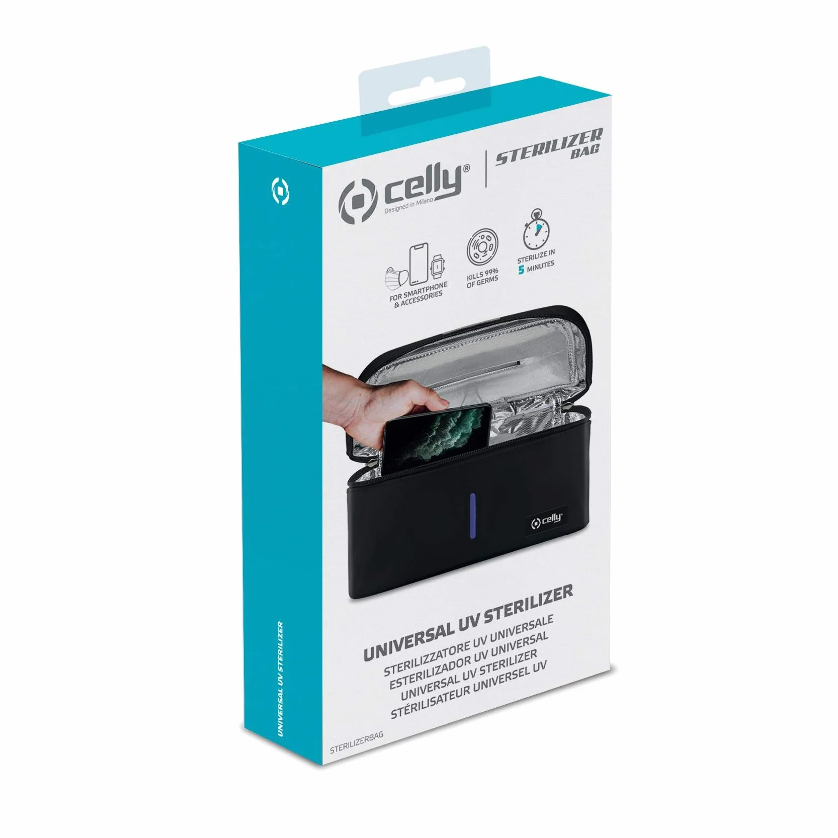 Celly Máquina Esterilizadora Portátil de Rayos UV Universal (Certificaciones), Bolsa Desinfectante con Rayos UV-C para Smartphones y Accesorios, Tablets de hasta 8", Relojes, Mascarillas, Guantes.