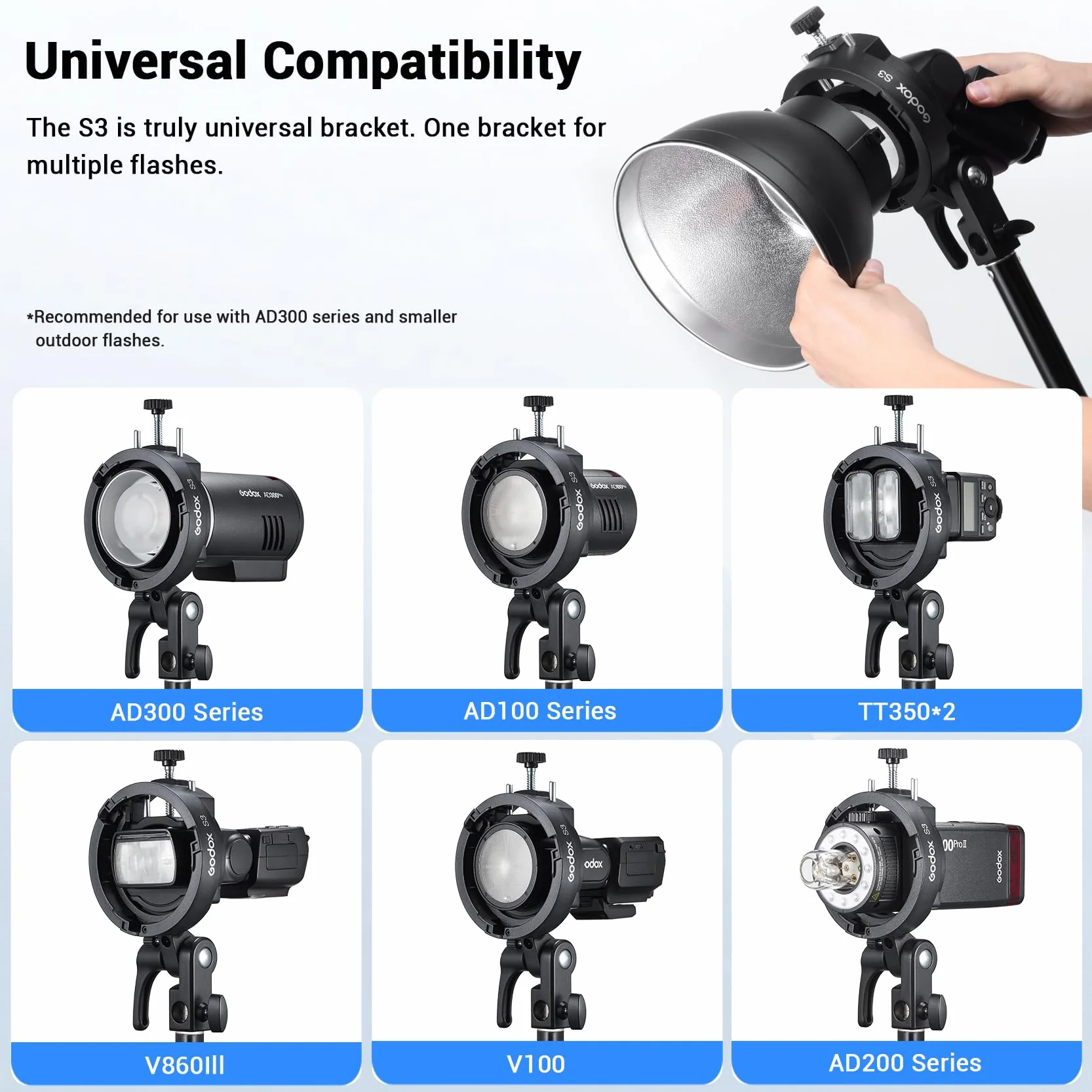 Godox S3 Soporte para Flash Bowen Mount S-Type para GODOX V1PRO V100 V860III TT350 AD100 AD200 AD200Pro AD300 Speedlite Flash