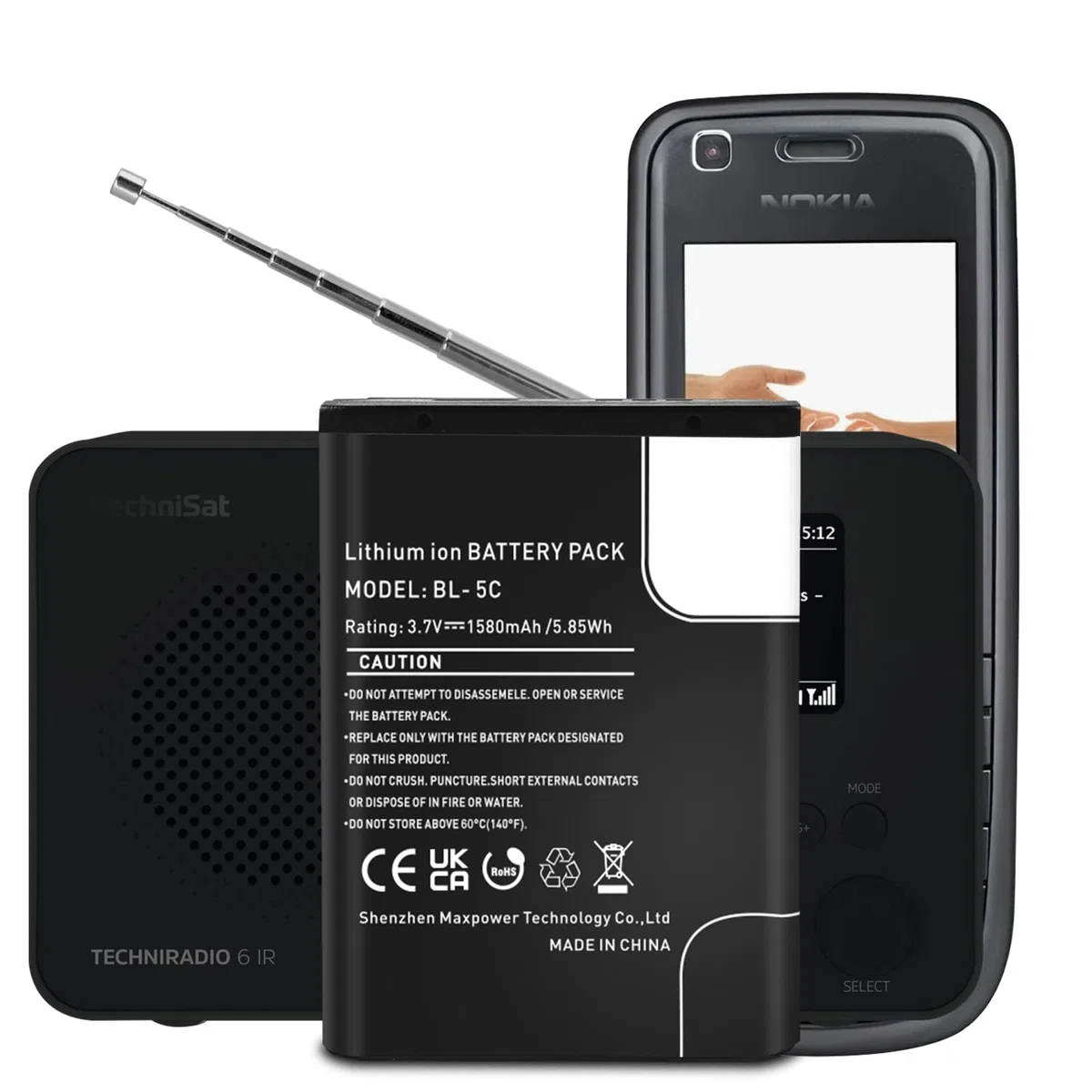 Batería BL-5C, batería de repuesto de iones de litio de alta capacidad de 1580 mAh para Nokia 1100, 1600, 2310, 3100, 3110, 3120, 5030, 6030, 6230, 6270, 6600, N70 y DIGITRADIO 1/2, TECHNIRADIO O RDR